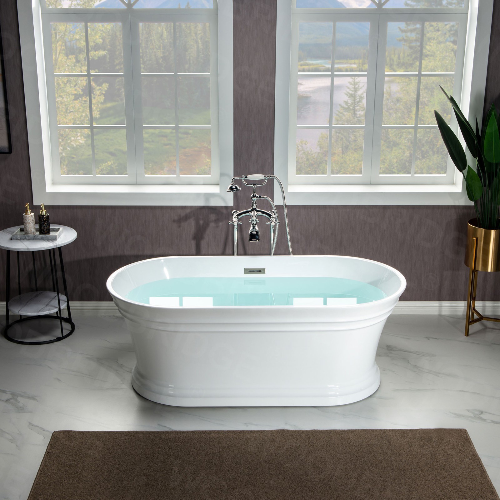  WOODBRIDGE 59 in. Freestanding Double Ended Acrylic Soaking Bathtub with Center Drain Assembly and Overflow, BTA1536/B1536, Glossy White_7855