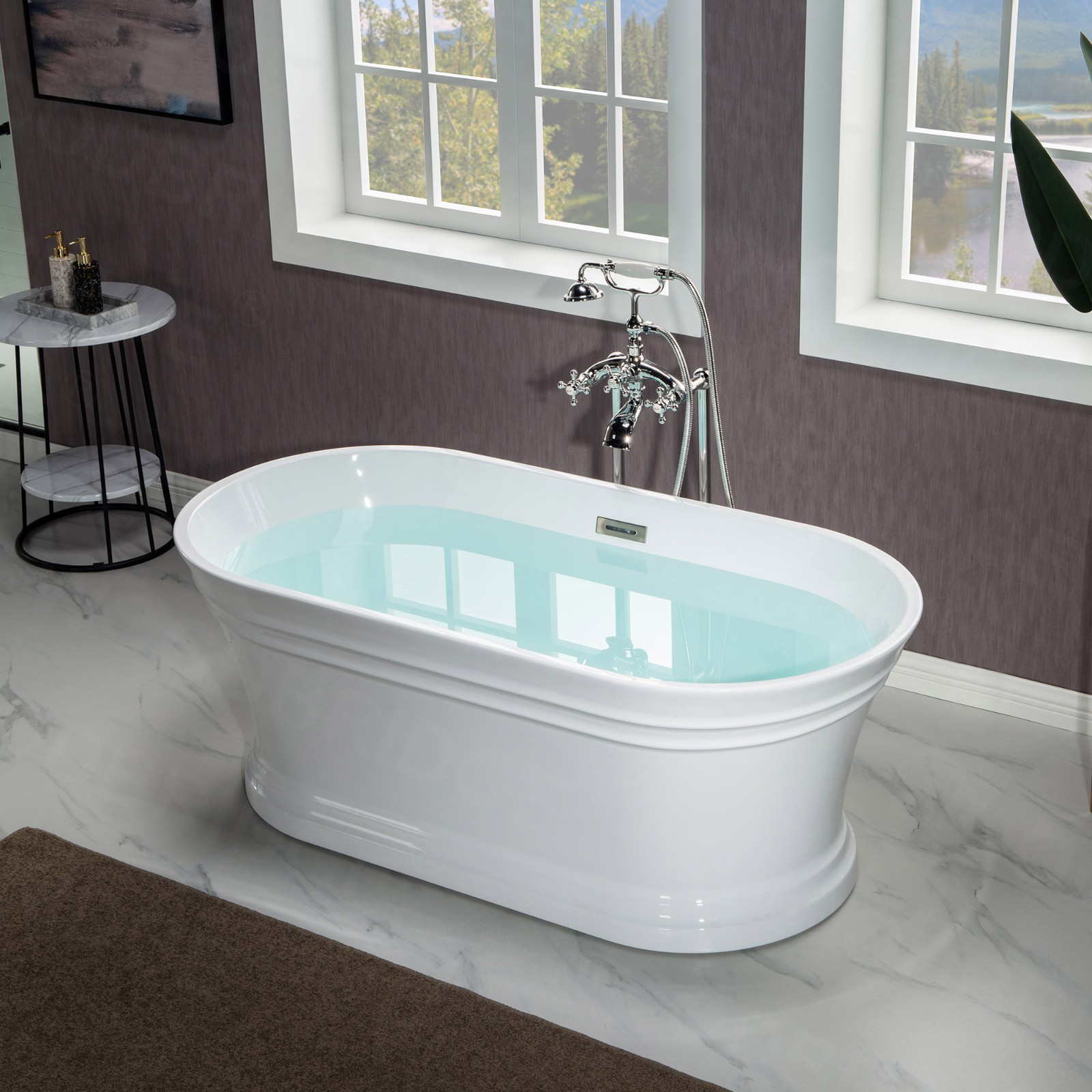  WOODBRIDGE 59 in. Freestanding Double Ended Acrylic Soaking Bathtub with Center Drain Assembly and Overflow, BTA1536/B1536, Glossy White_7856