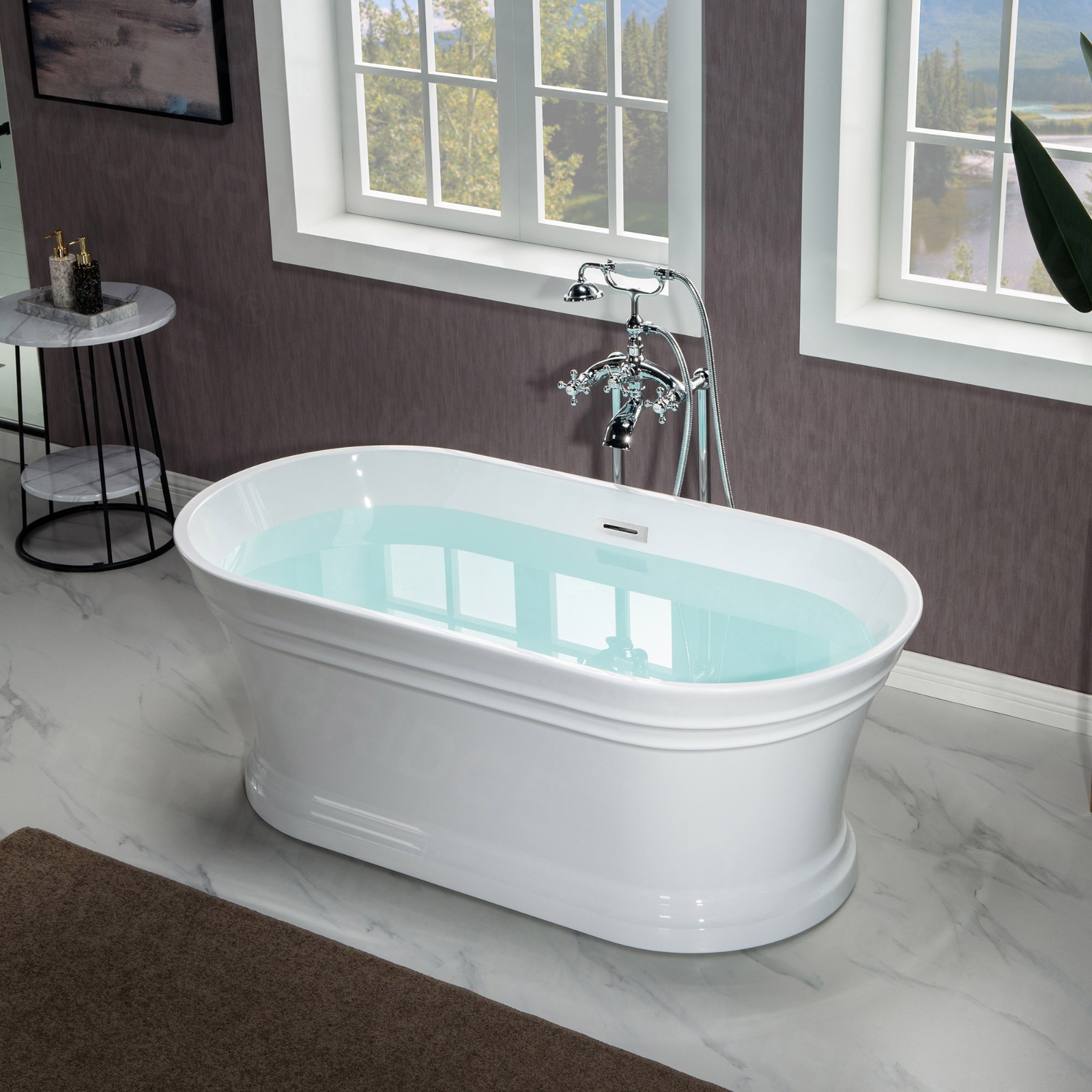  WOODBRIDGE 59 in. Freestanding Double Ended Acrylic Soaking Bathtub with Center Drain Assembly and Overflow, BTA1536/B1536, Glossy White_7834