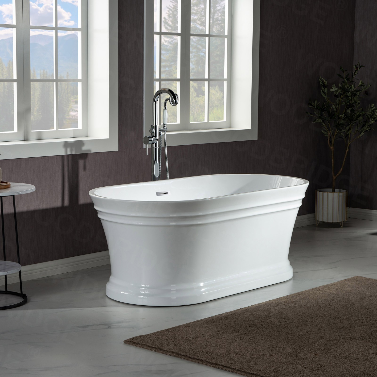  WOODBRIDGE 59 in. Freestanding Double Ended Acrylic Soaking Bathtub with Center Drain Assembly and Overflow, BTA1536/B1536, Glossy White_7838