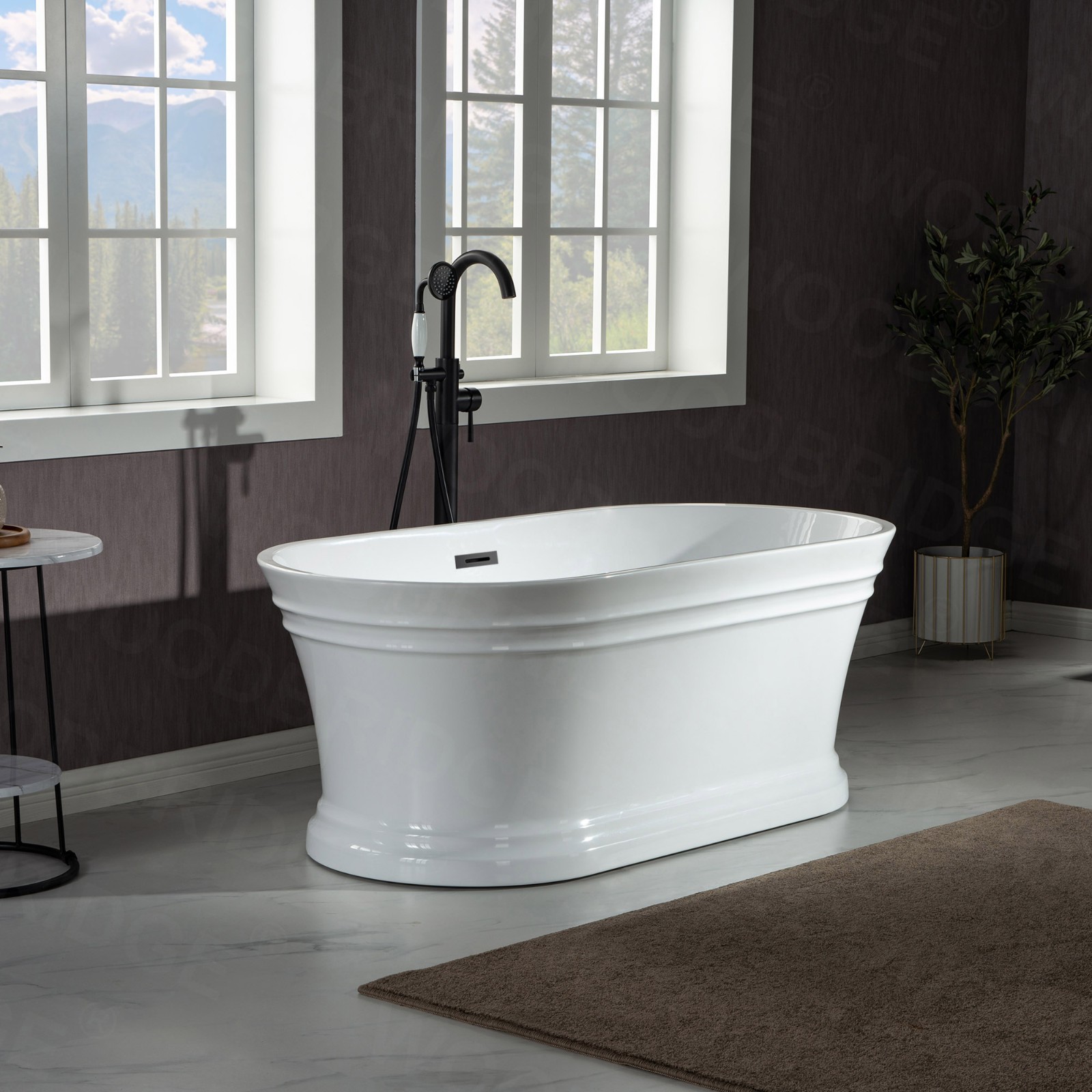  WOODBRIDGE 59 in. Freestanding Double Ended Acrylic Soaking Bathtub with Center Drain Assembly and Overflow, BTA1536/B1536, Glossy White_7806