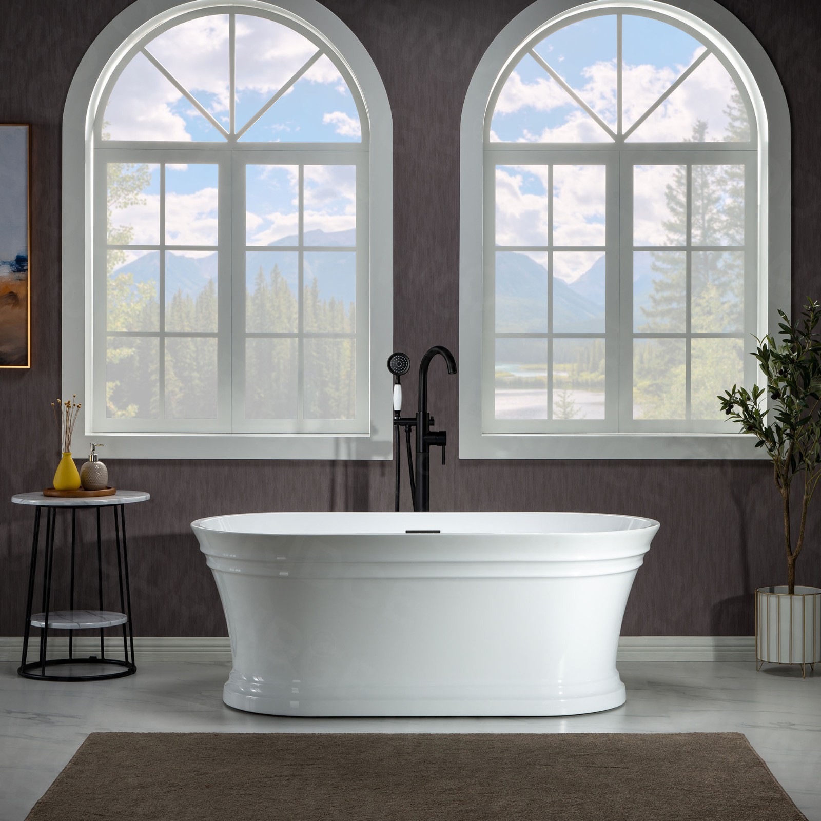  WOODBRIDGE 59 in. Freestanding Double Ended Acrylic Soaking Bathtub with Center Drain Assembly and Overflow, BTA1536/B1536, Glossy White_7813