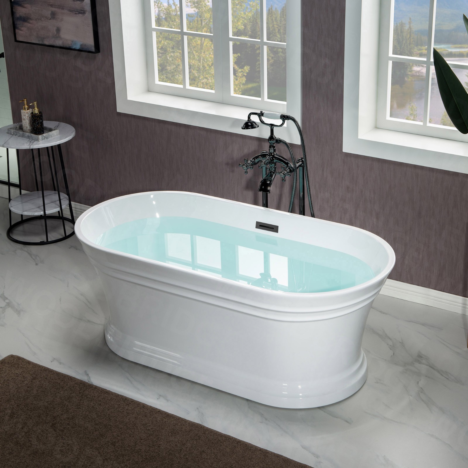  WOODBRIDGE 59 in. Freestanding Double Ended Acrylic Soaking Bathtub with Center Drain Assembly and Overflow, BTA1536/B1536, Glossy White_7816