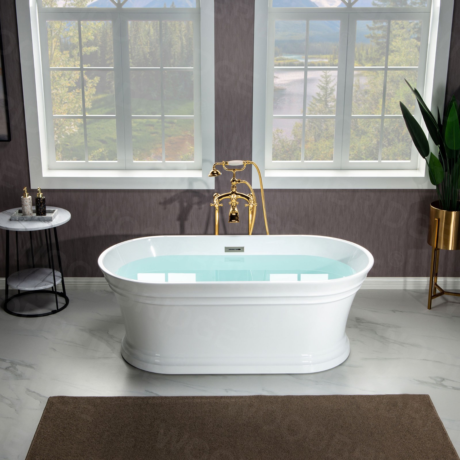  WOODBRIDGE 59 in. Freestanding Double Ended Acrylic Soaking Bathtub with Center Drain Assembly and Overflow, BTA1536/B1536, Glossy White_7796