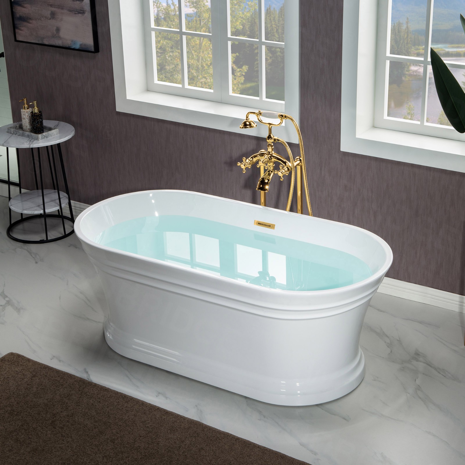 WOODBRIDGE 59 in. Freestanding Double Ended Acrylic Soaking Bathtub with Center Drain Assembly and Overflow, BTA1536/B1536, Glossy White_7797