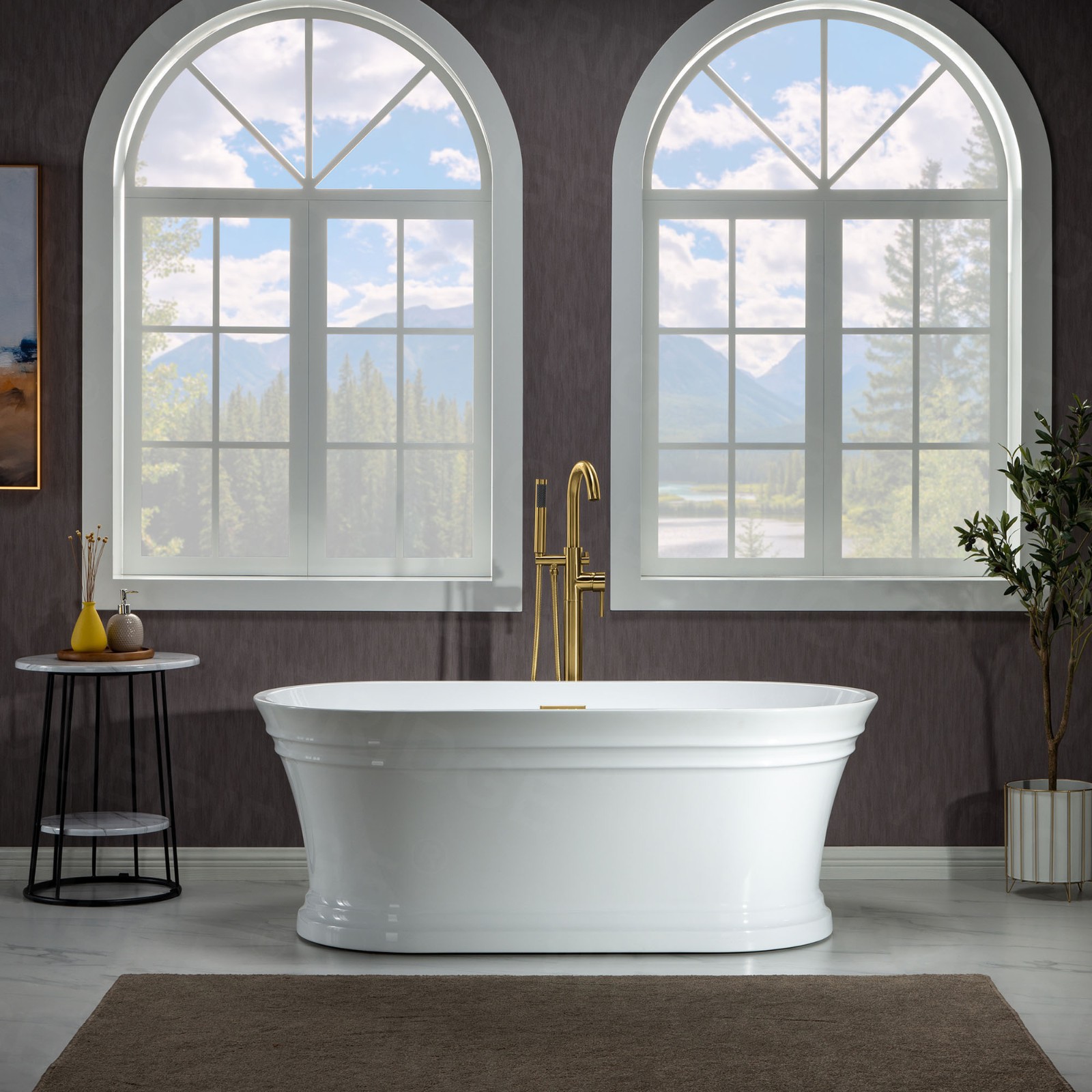  WOODBRIDGE 59 in. Freestanding Double Ended Acrylic Soaking Bathtub with Center Drain Assembly and Overflow, BTA1536/B1536, Glossy White_7803