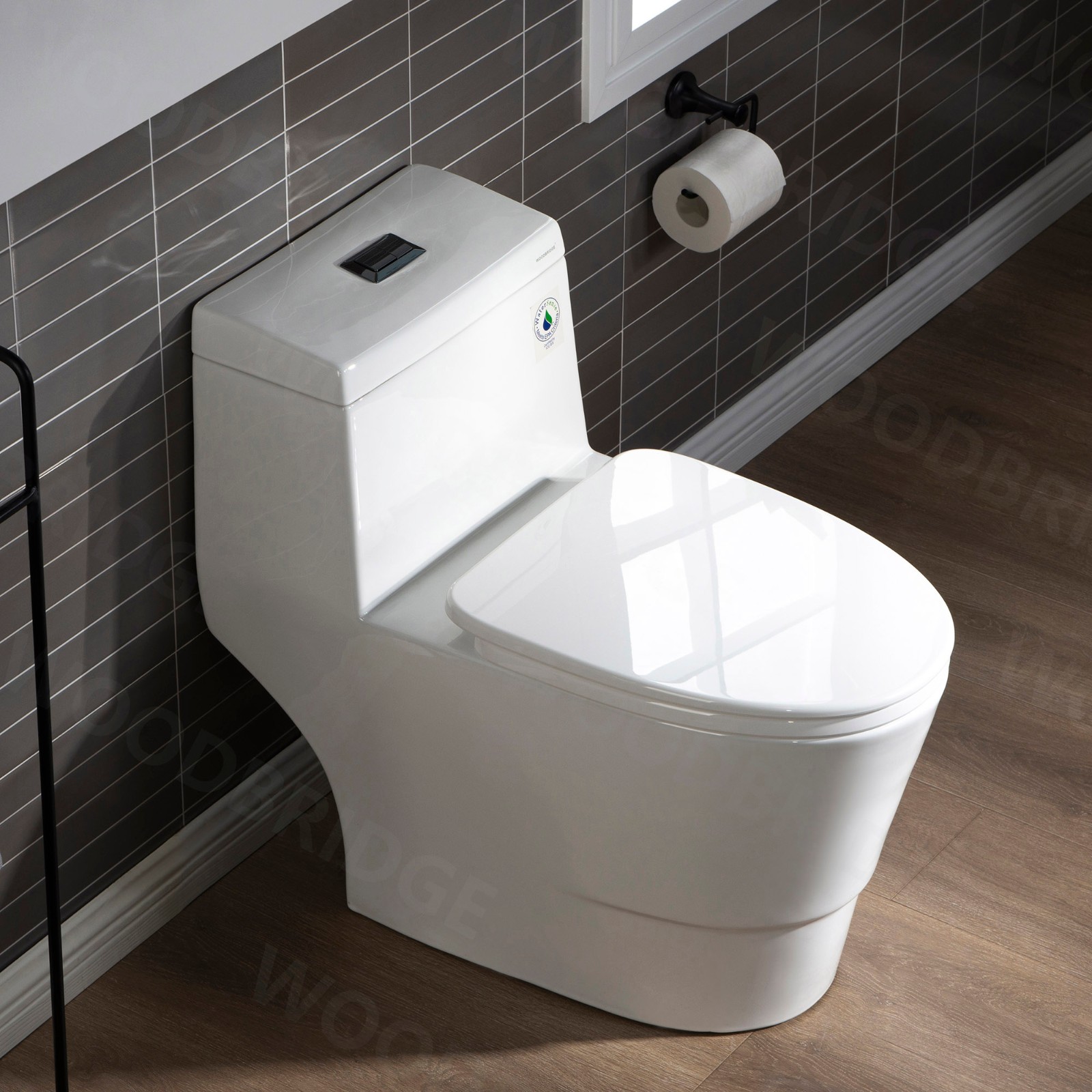  WOODBRIDGEE One Piece Toilet with Soft Closing Seat, Chair Height, 1.28 GPF Dual, Water Sensed, 1000 Gram MaP Flushing Score Toilet with Matte Black Button T0001-MB, White_7664
