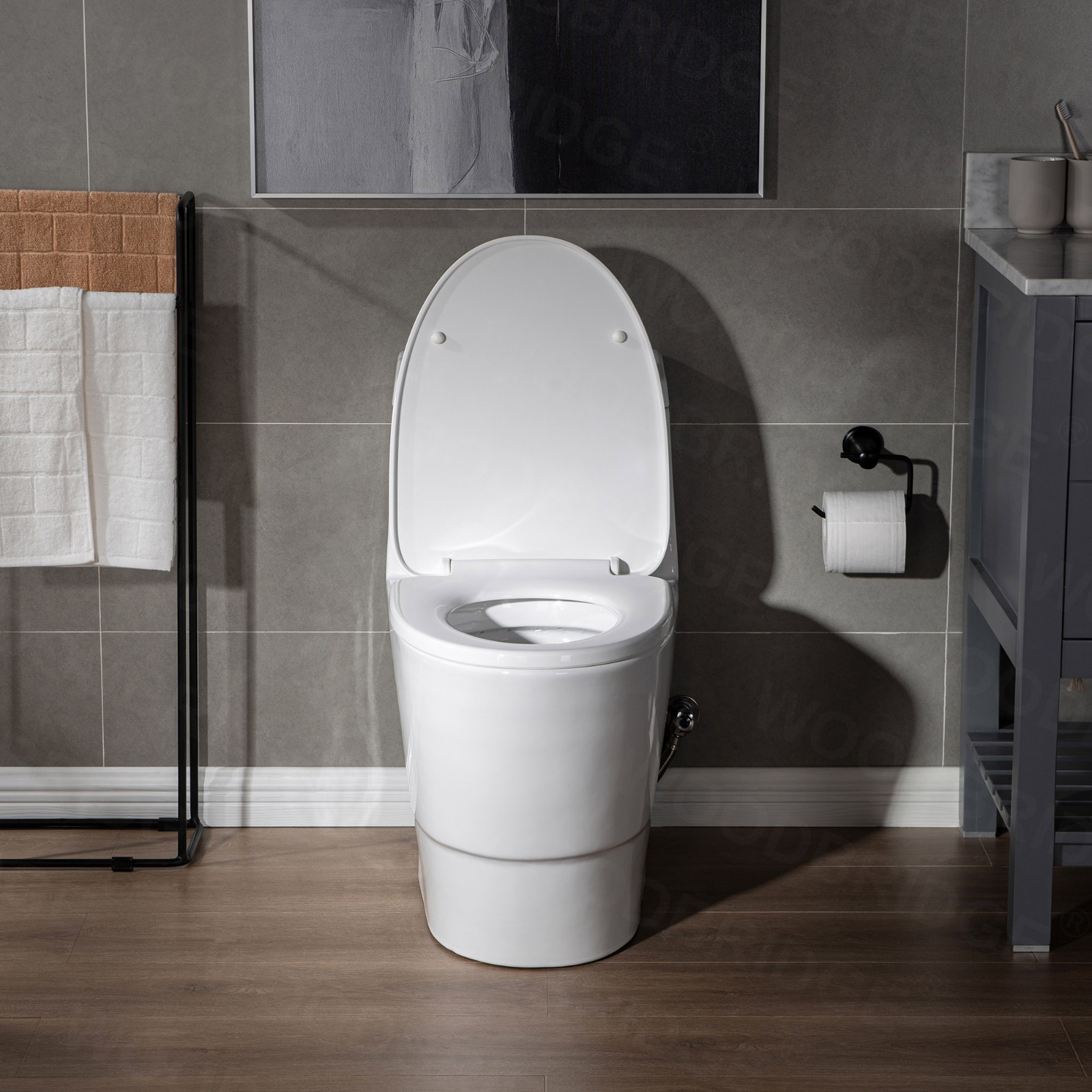  WOODBRIDGEE One Piece Toilet with Soft Closing Seat, Chair Height, 1.28 GPF Dual, Water Sensed, 1000 Gram MaP Flushing Score Toilet with Matte Black Button T0001-MB, White_7666
