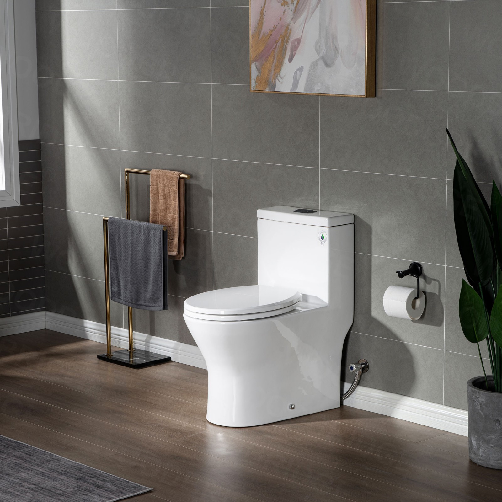  WOODBRIDGE One Piece Short Compact Bathroom Tiny Mini Commode Water Closet Dual Flush Concealed Trapway, Matte Black Button B0500-MB, White_7618