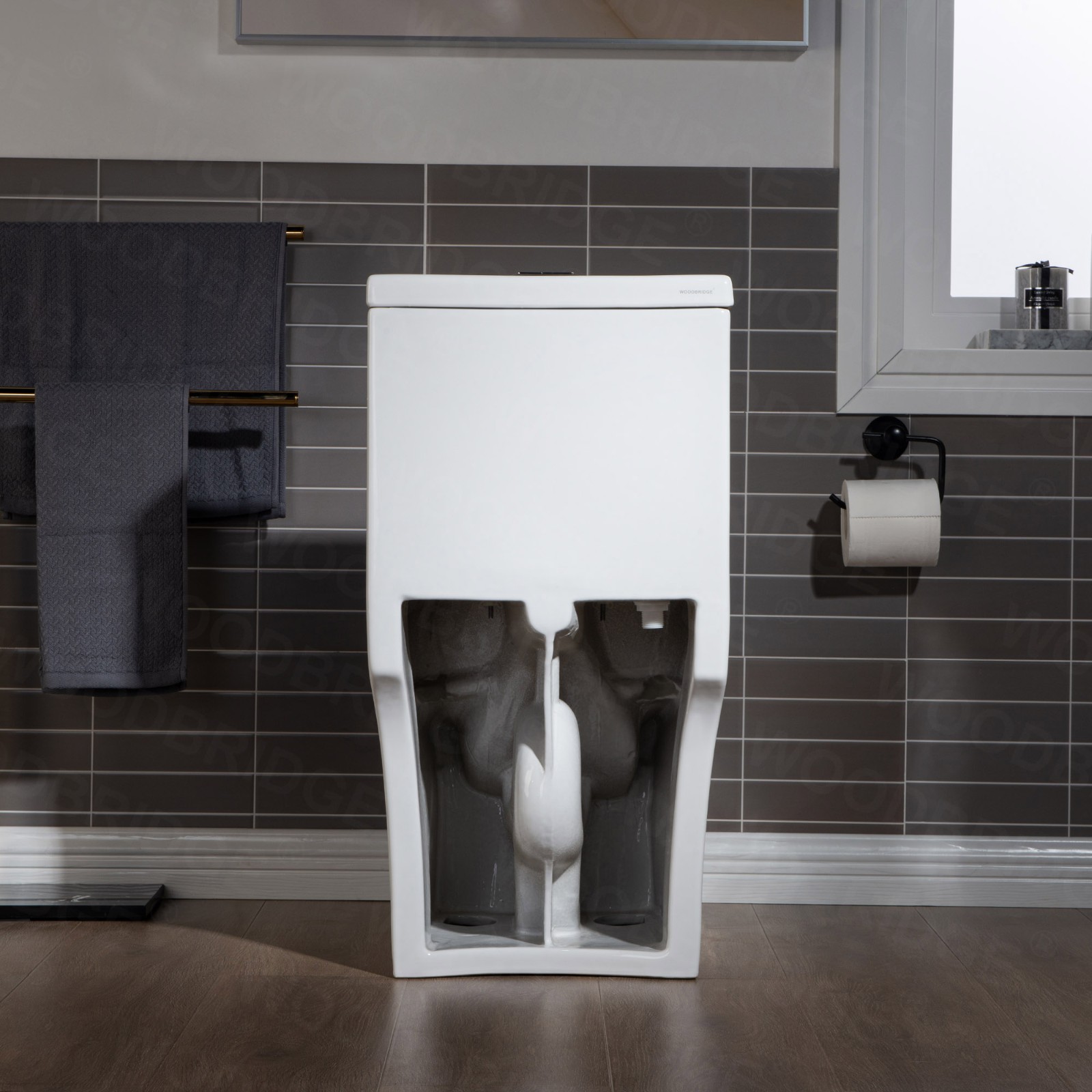  WOODBRIDGE One Piece Short Compact Bathroom Tiny Mini Commode Water Closet Dual Flush Concealed Trapway, Matte Black Button B0500-MB, White_7622