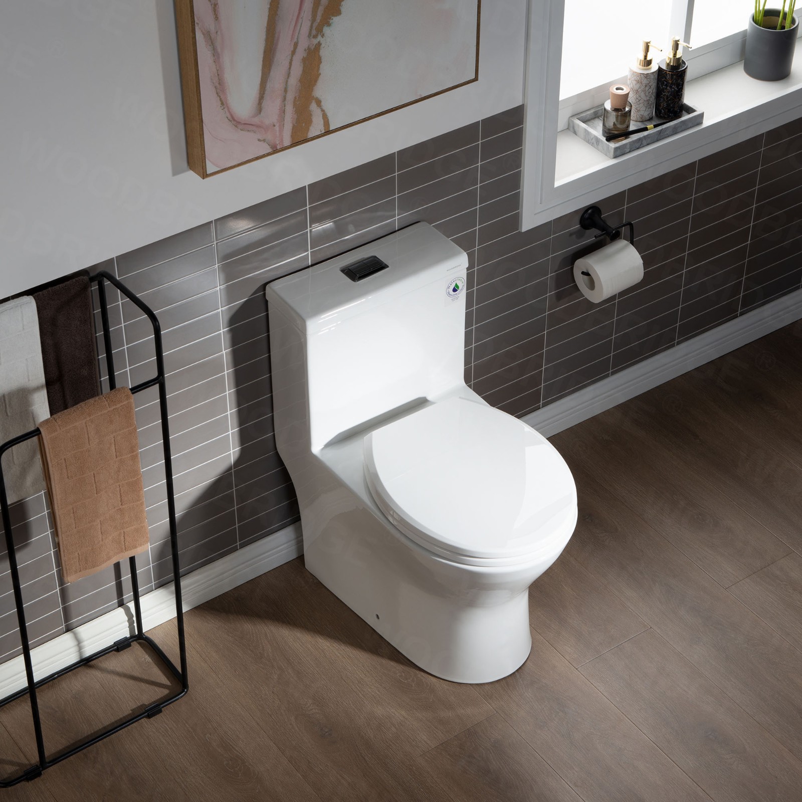  WOODBRIDGE One Piece Short Compact Bathroom Tiny Mini Commode Water Closet Dual Flush Concealed Trapway, Matte Black Button B0500-MB, White_7623