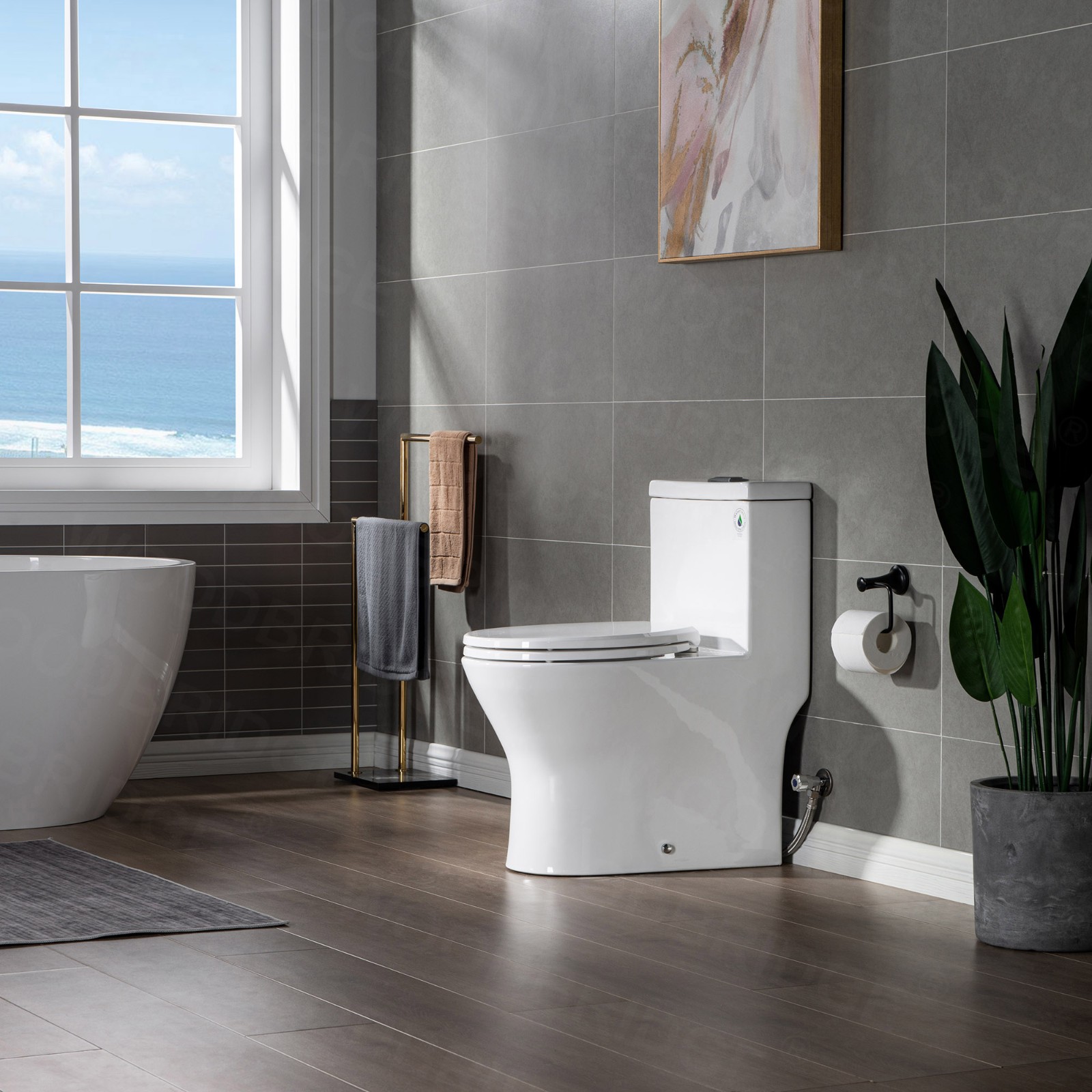  WOODBRIDGE One Piece Short Compact Bathroom Tiny Mini Commode Water Closet Dual Flush Concealed Trapway, Matte Black Button B0500-MB, White_7624