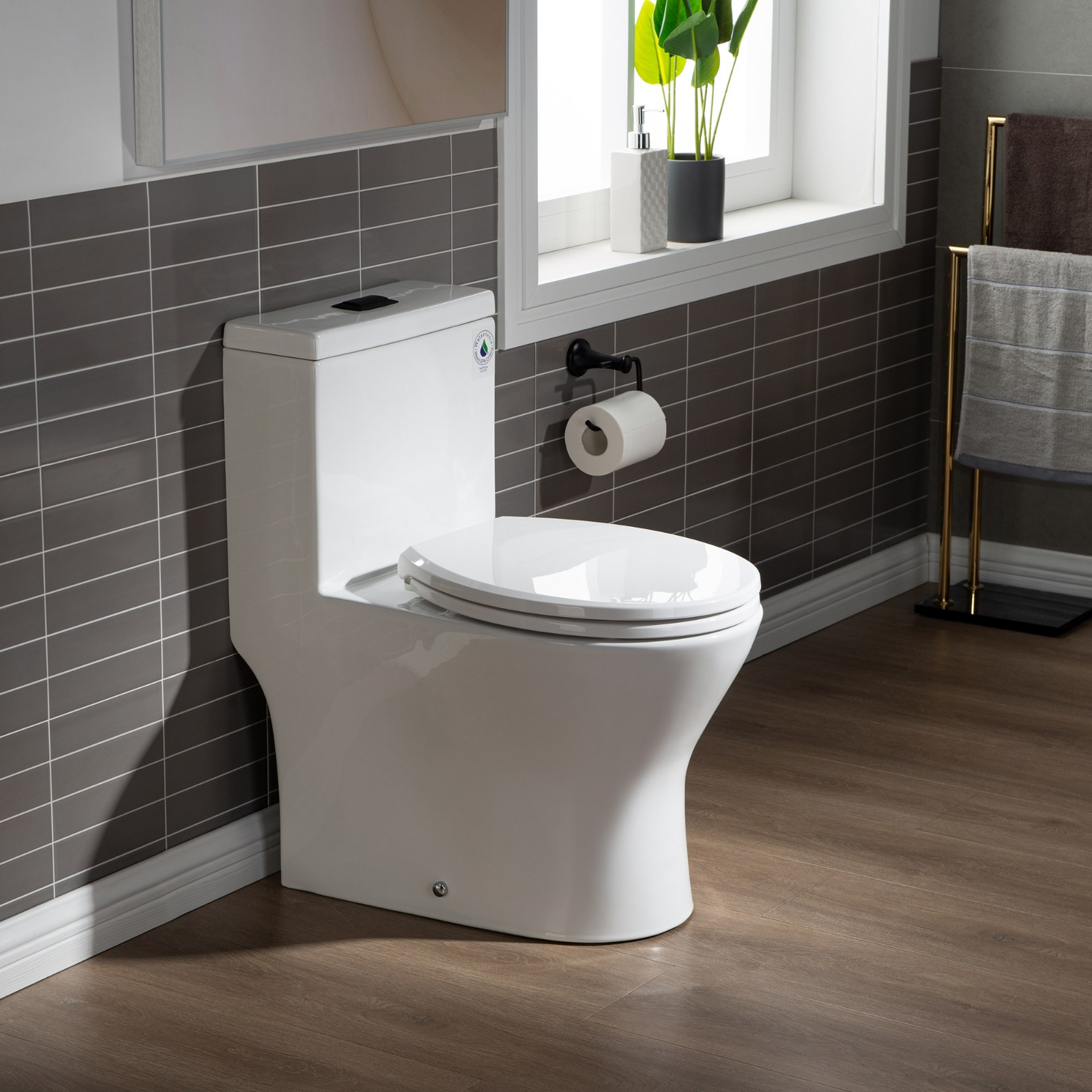  WOODBRIDGE One Piece Short Compact Bathroom Tiny Mini Commode Water Closet Dual Flush Concealed Trapway, Matte Black Button B0500-MB, White_7625