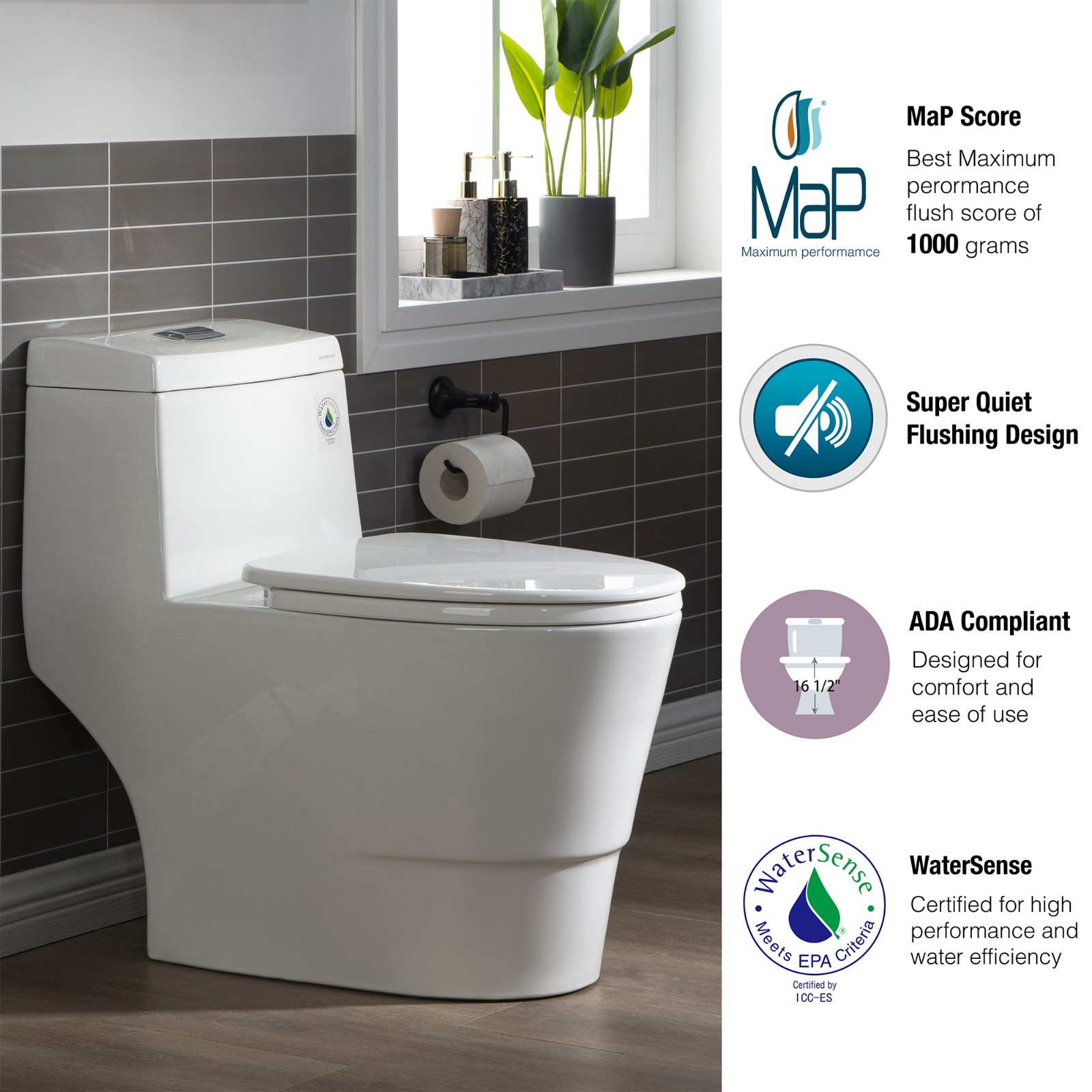  WOODBRIDGEE One Piece Toilet with Soft Closing Seat, Chair Height, 1.28 GPF Dual, Water Sensed, 1000 Gram MaP Flushing Score Toilet with Matte Black Button T0001-MB, White_7661