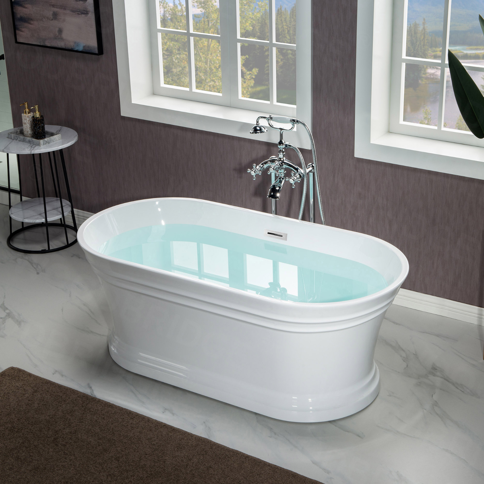 WOODBRIDGE 67 in. Freestanding Double Ended Acrylic Soaking Bathtub with Center Drain Assembly and Overflow, BTA1537/B1537, Glossy White_7736