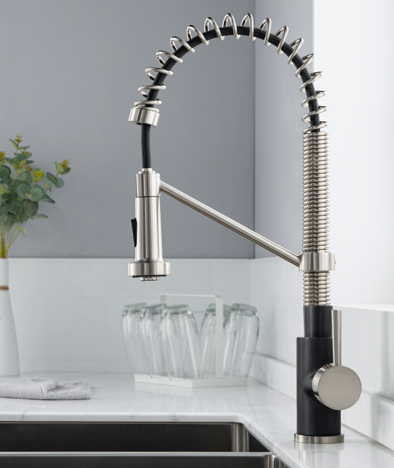  WOODBRIDGE WK010203BL Stainless Steel Single Handle Spring Coil Pre-Rinse Kitchen Faucet with Pull Down Sprayer, Matte Black Finish_9461