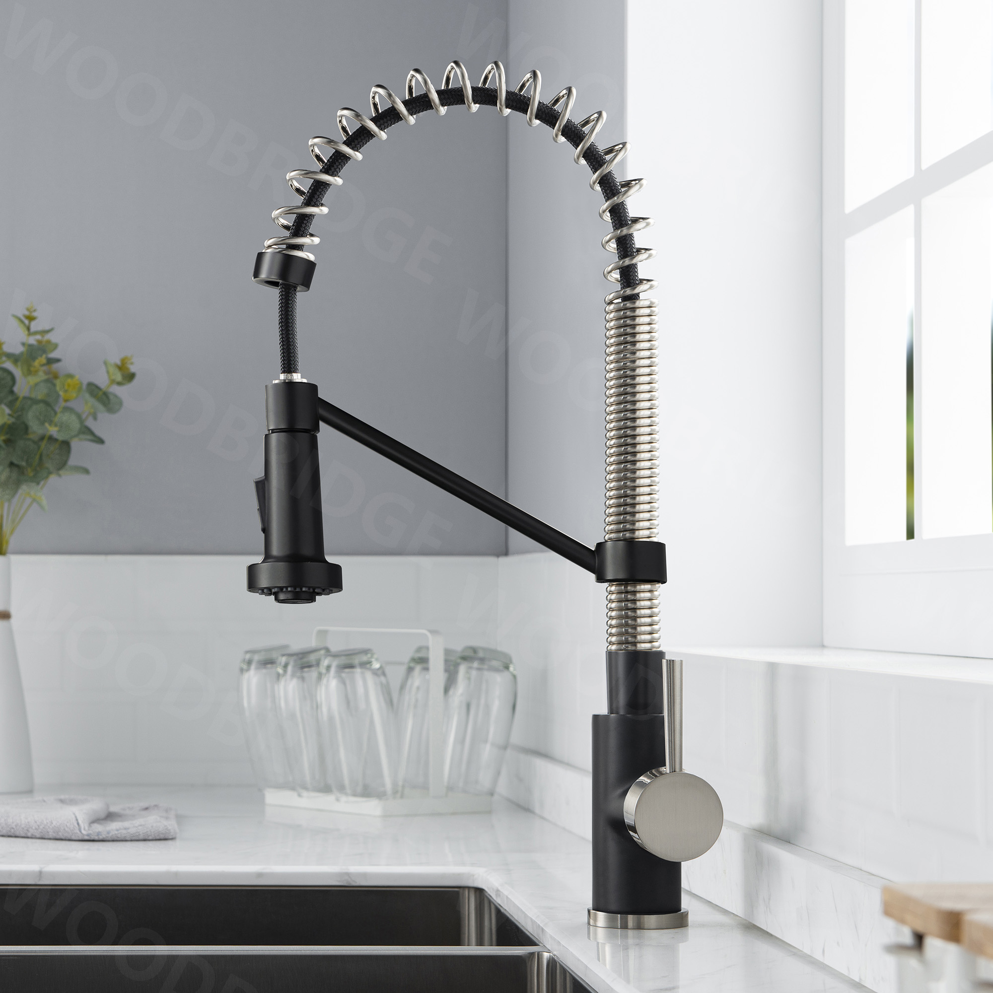 WOODBRIDGE WK010203BL Stainless Steel Single Handle Spring Coil Pre-Rinse Kitchen Faucet with Pull Down Sprayer, Matte Black Finish
