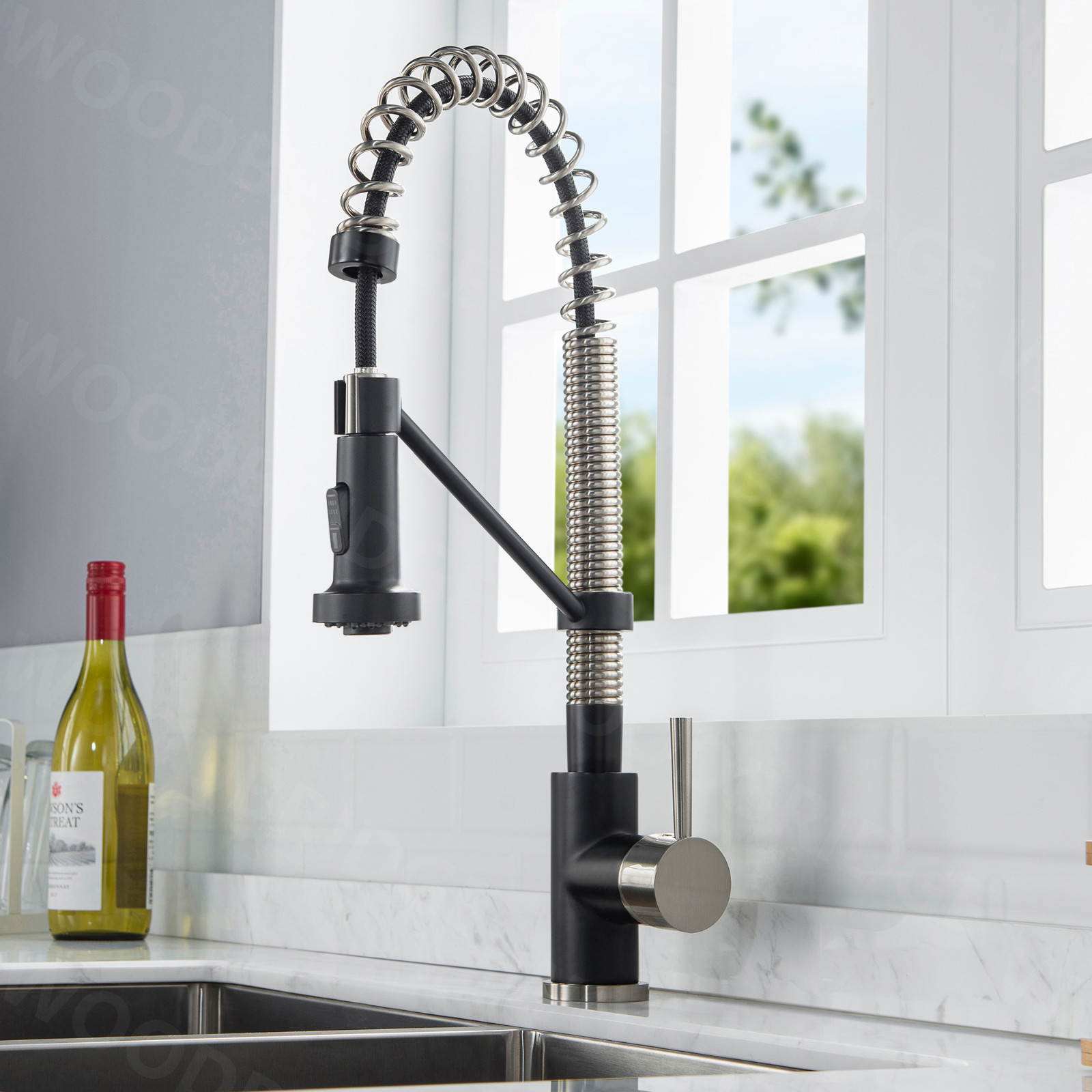  WOODBRIDGE WK010203BL Stainless Steel Single Handle Spring Coil Pre-Rinse Kitchen Faucet with Pull Down Sprayer, Matte Black Finish_9462