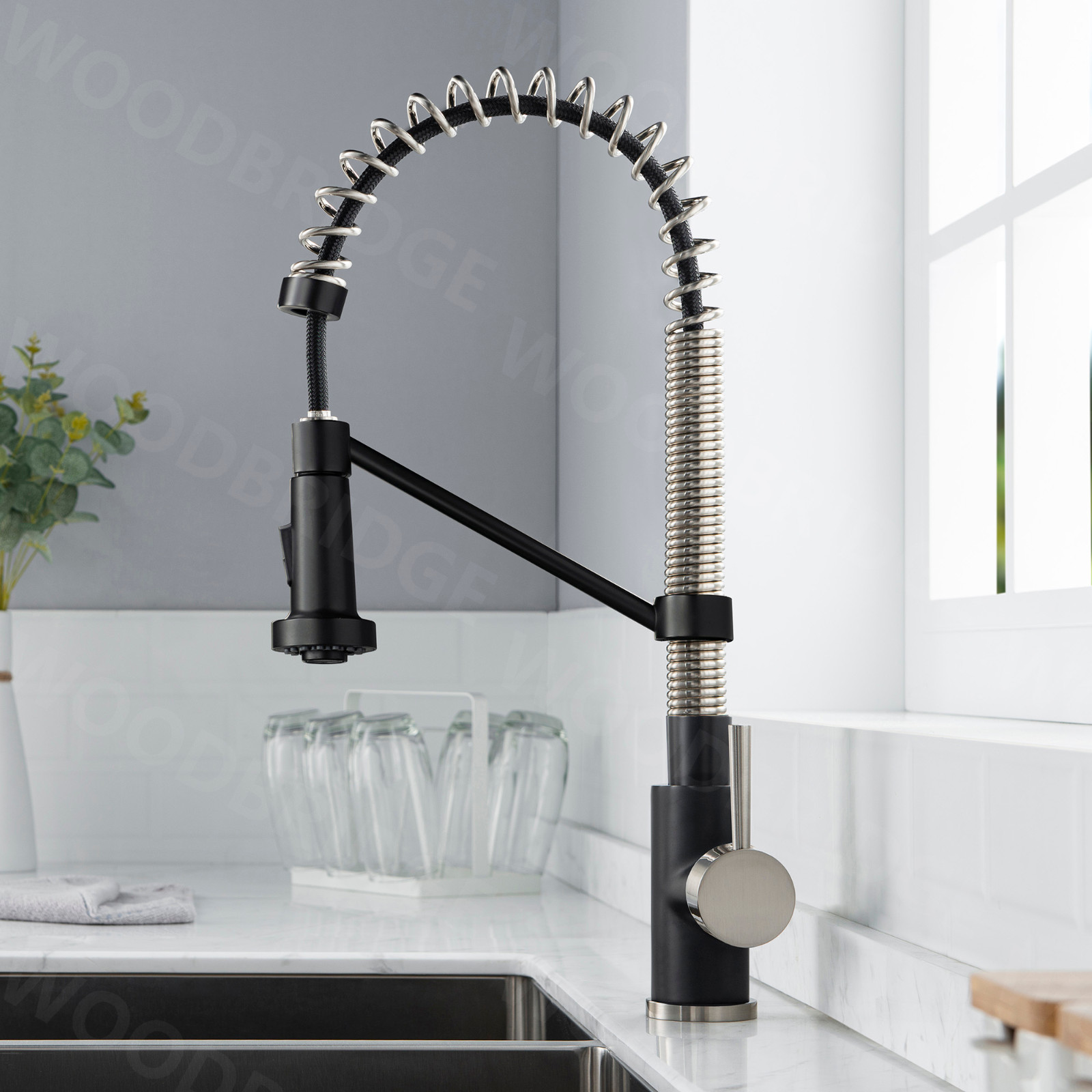  WOODBRIDGE WK010203BL Stainless Steel Single Handle Spring Coil Pre-Rinse Kitchen Faucet with Pull Down Sprayer, Matte Black Finish_9460