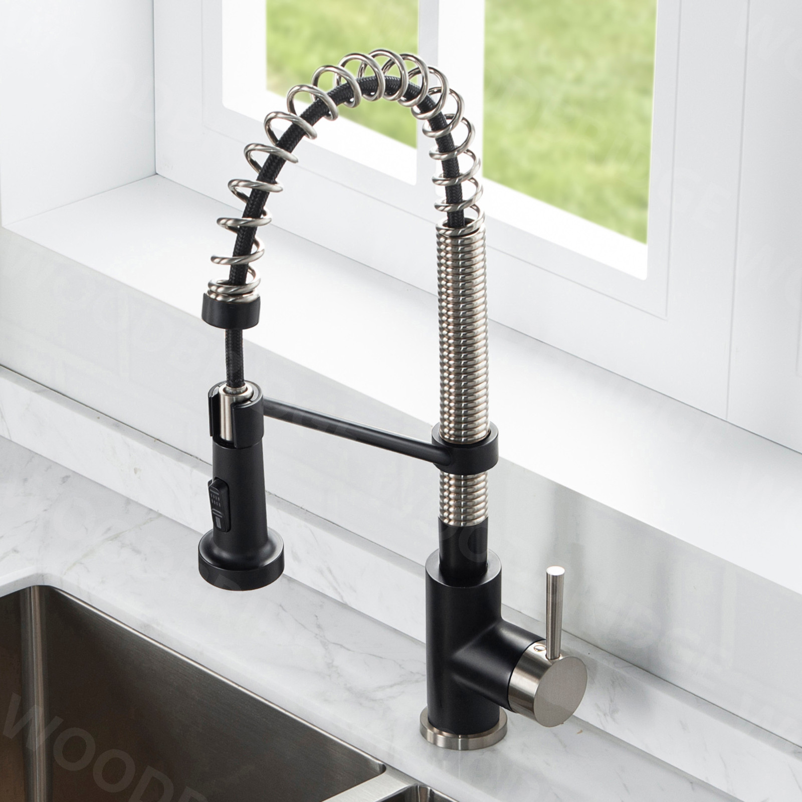  WOODBRIDGE WK010203BL Stainless Steel Single Handle Spring Coil Pre-Rinse Kitchen Faucet with Pull Down Sprayer, Matte Black Finish_9463