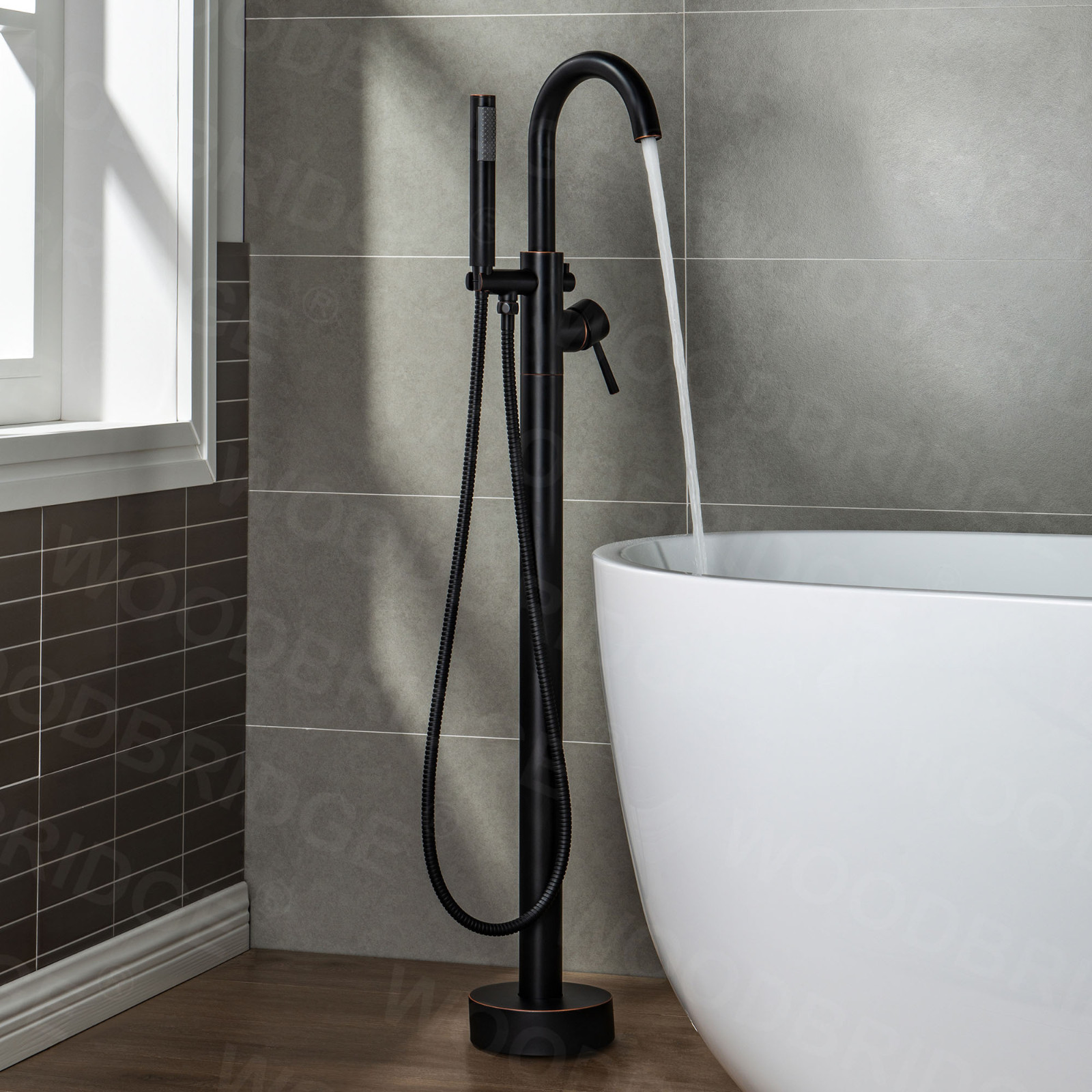  WOODBRIDGE F0010ORBRD Contemporary Single Handle Floor Mount Freestanding Tub Filler Faucet with Hand shower in Oil Rubbed Bronze Finish._9704