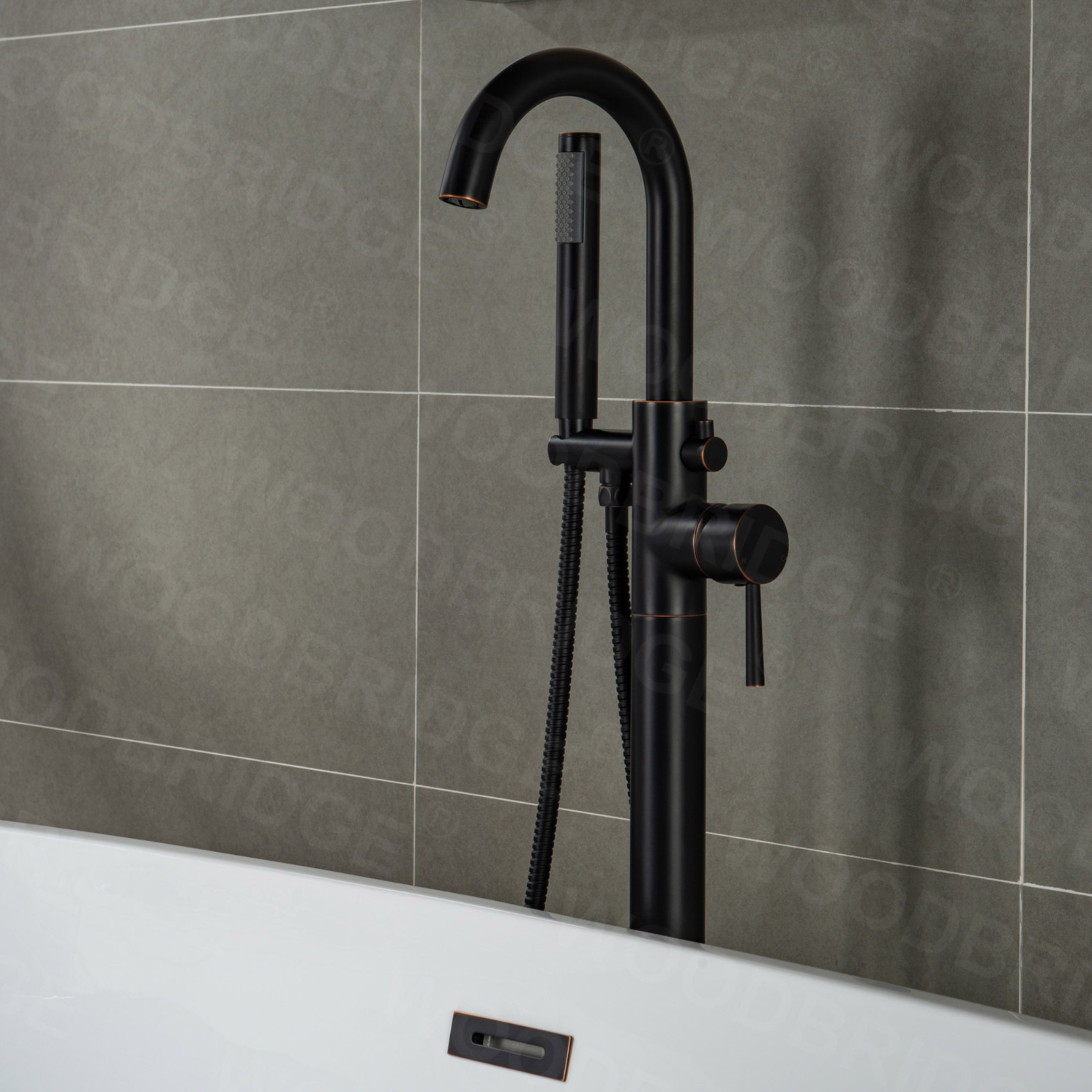  WOODBRIDGE F0010ORBRD Contemporary Single Handle Floor Mount Freestanding Tub Filler Faucet with Hand shower in Oil Rubbed Bronze Finish._9706