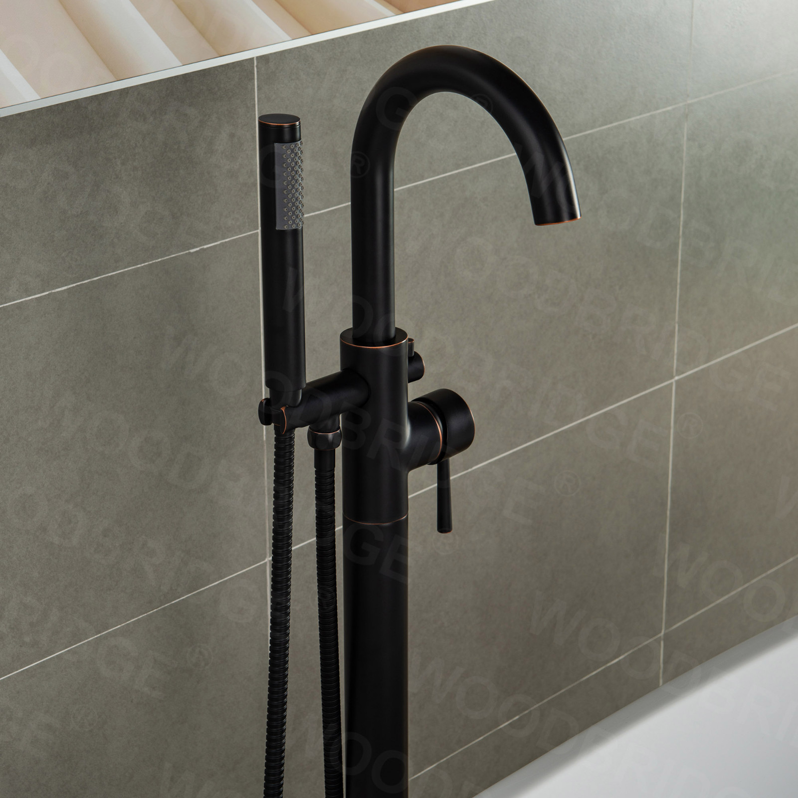  WOODBRIDGE F0010ORBRD Contemporary Single Handle Floor Mount Freestanding Tub Filler Faucet with Hand shower in Oil Rubbed Bronze Finish._9710