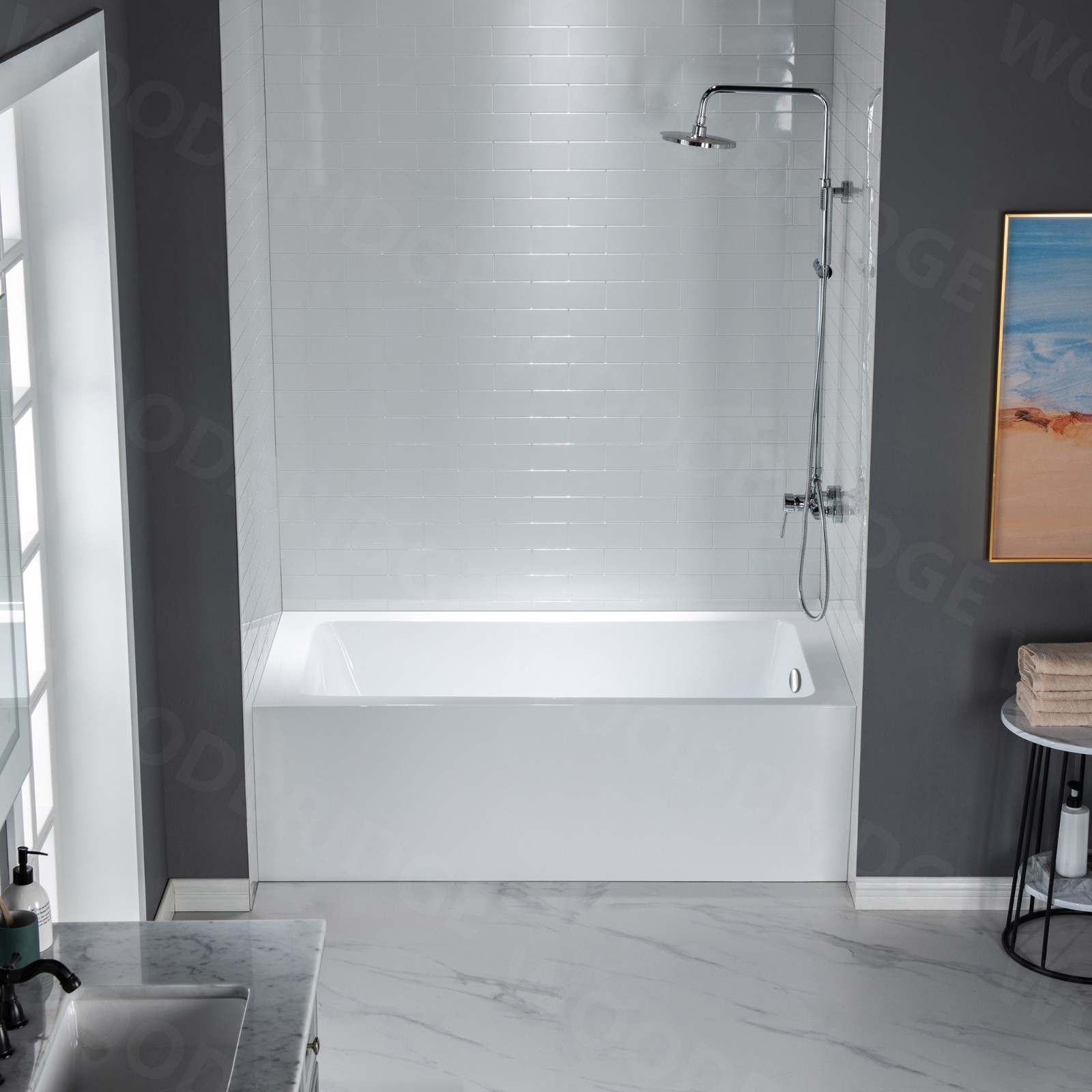  WOODBRIDGE 60-Inch Contemporary Alcove Acrylic Bathtub with Right Hand Drain and Overflow Holes, White_9578