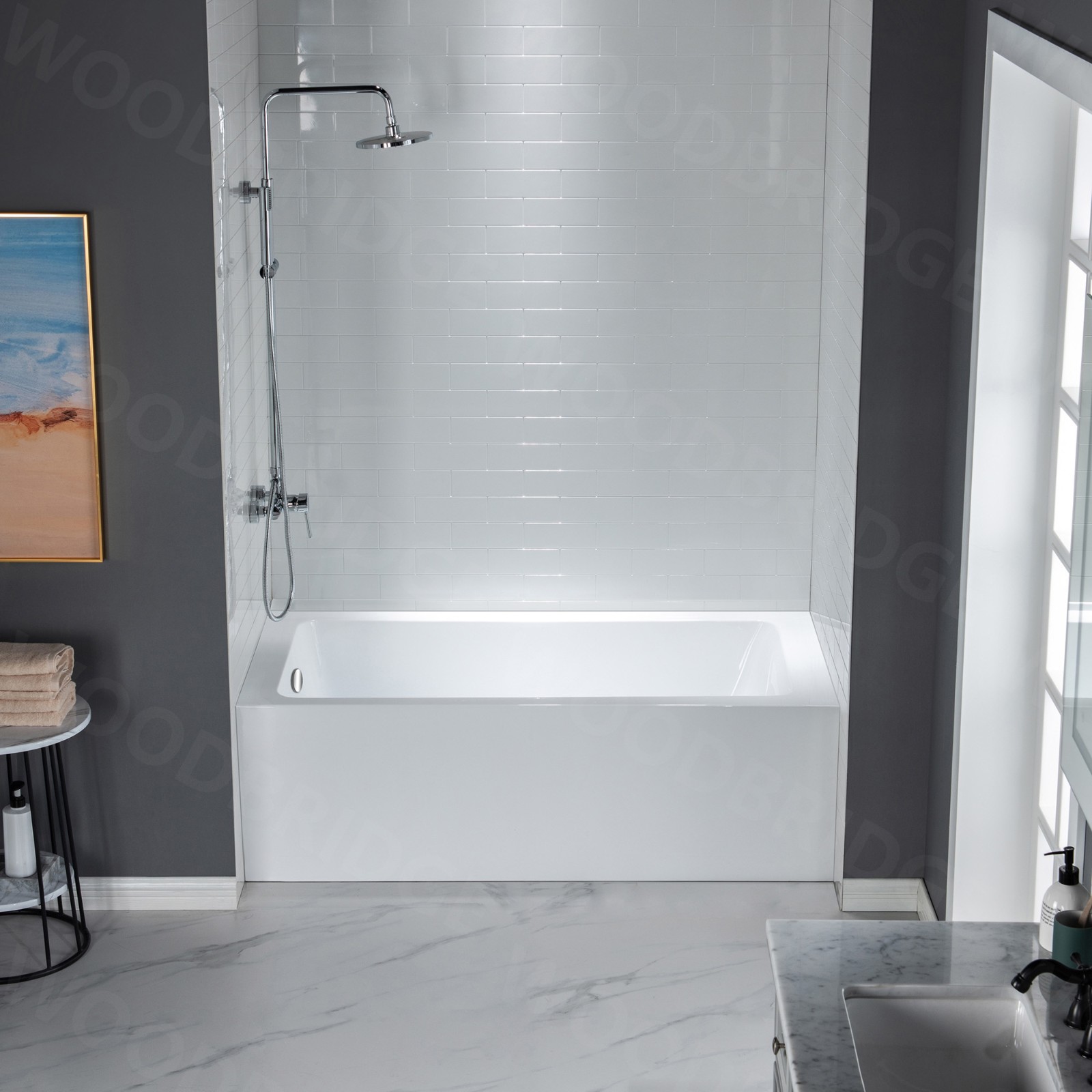  WOODBRIDGE 60-Inch Contemporary Alcove Acrylic Bathtub with Left Hand Drain and Overflow Holes, White_9213