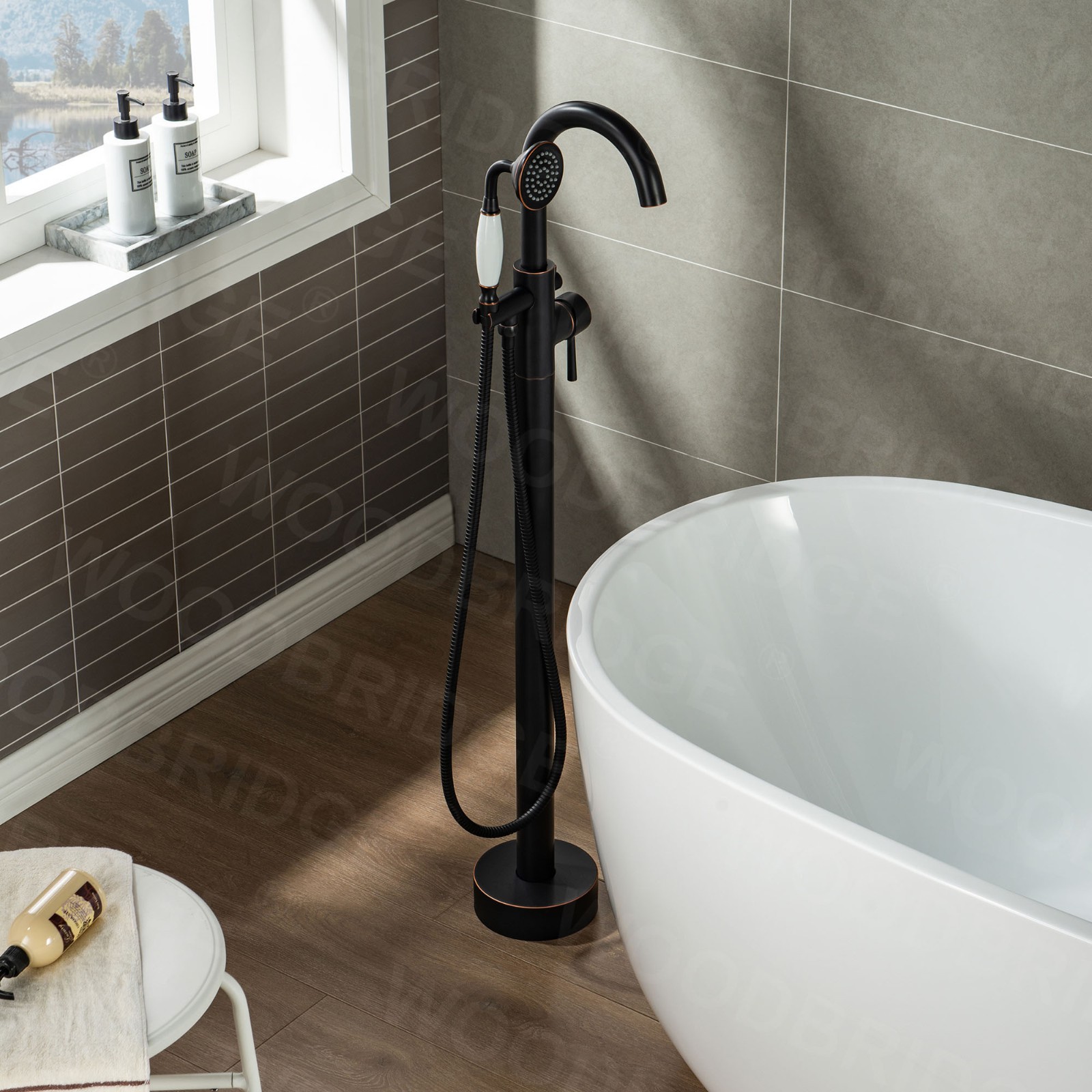  WOODBRIDGE Contemporary Single Handle Floor Mount Freestanding Tub Filler Faucet with Hand Shower in (Oil Rubbed Bronze) Finish,F0010ORBVT_6050