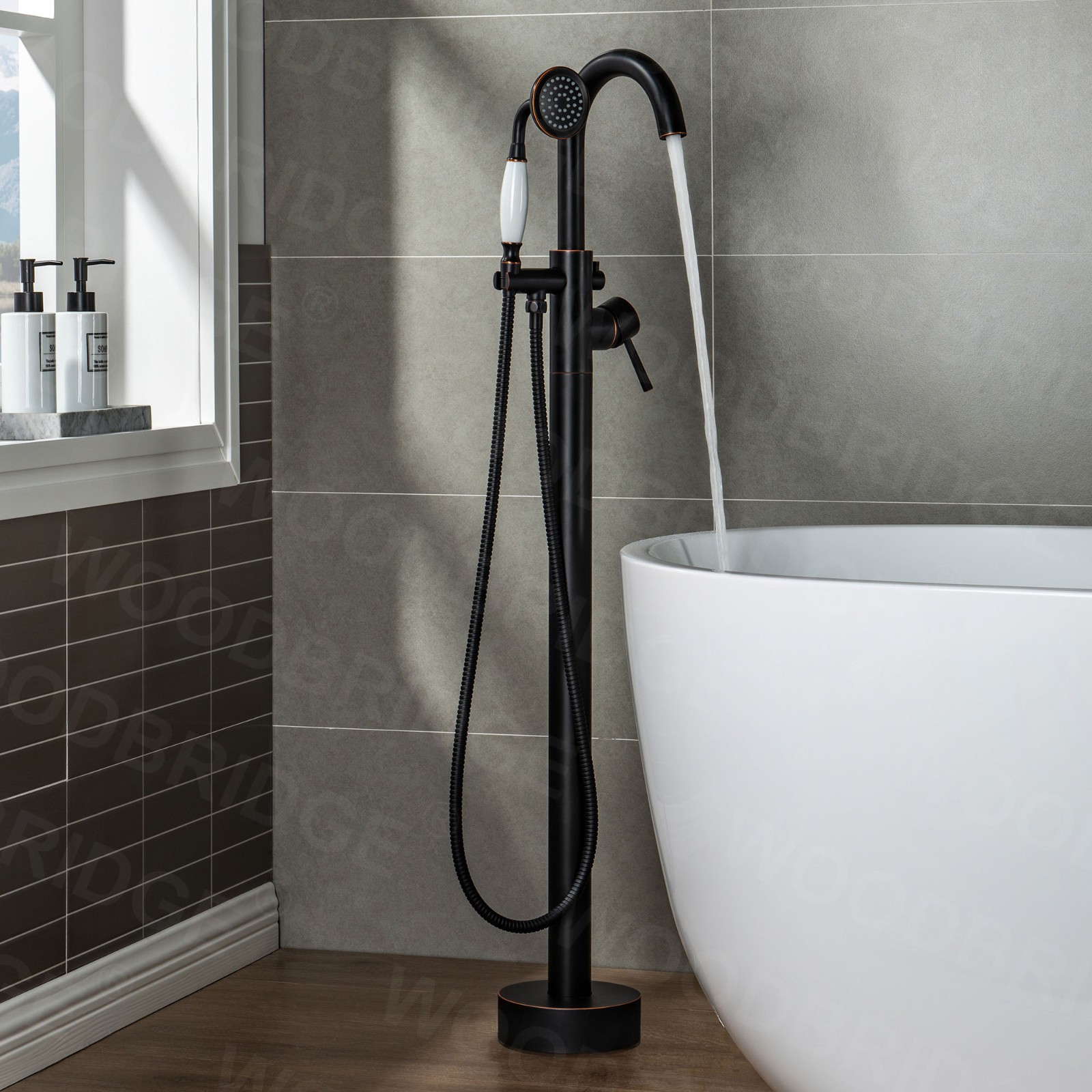  WOODBRIDGE Contemporary Single Handle Floor Mount Freestanding Tub Filler Faucet with Hand Shower in (Oil Rubbed Bronze) Finish,F0010ORBVT_6053