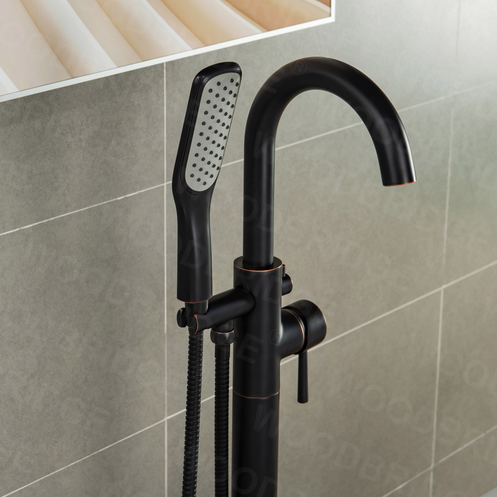 WOODBRIDGE Contemporary Single Handle Floor Mount Freestanding Tub Filler Faucet with Hand Shower in (Oil Rubbed Bronze) Finish,F0010ORBSQ_6035