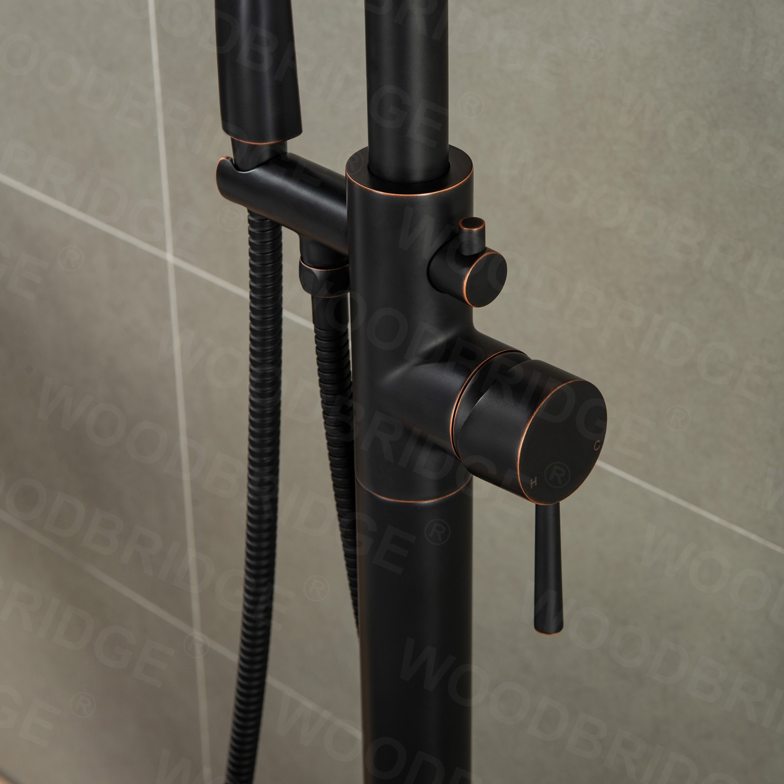  WOODBRIDGE Contemporary Single Handle Floor Mount Freestanding Tub Filler Faucet with Hand Shower in (Oil Rubbed Bronze) Finish,F0010ORBSQ_6036