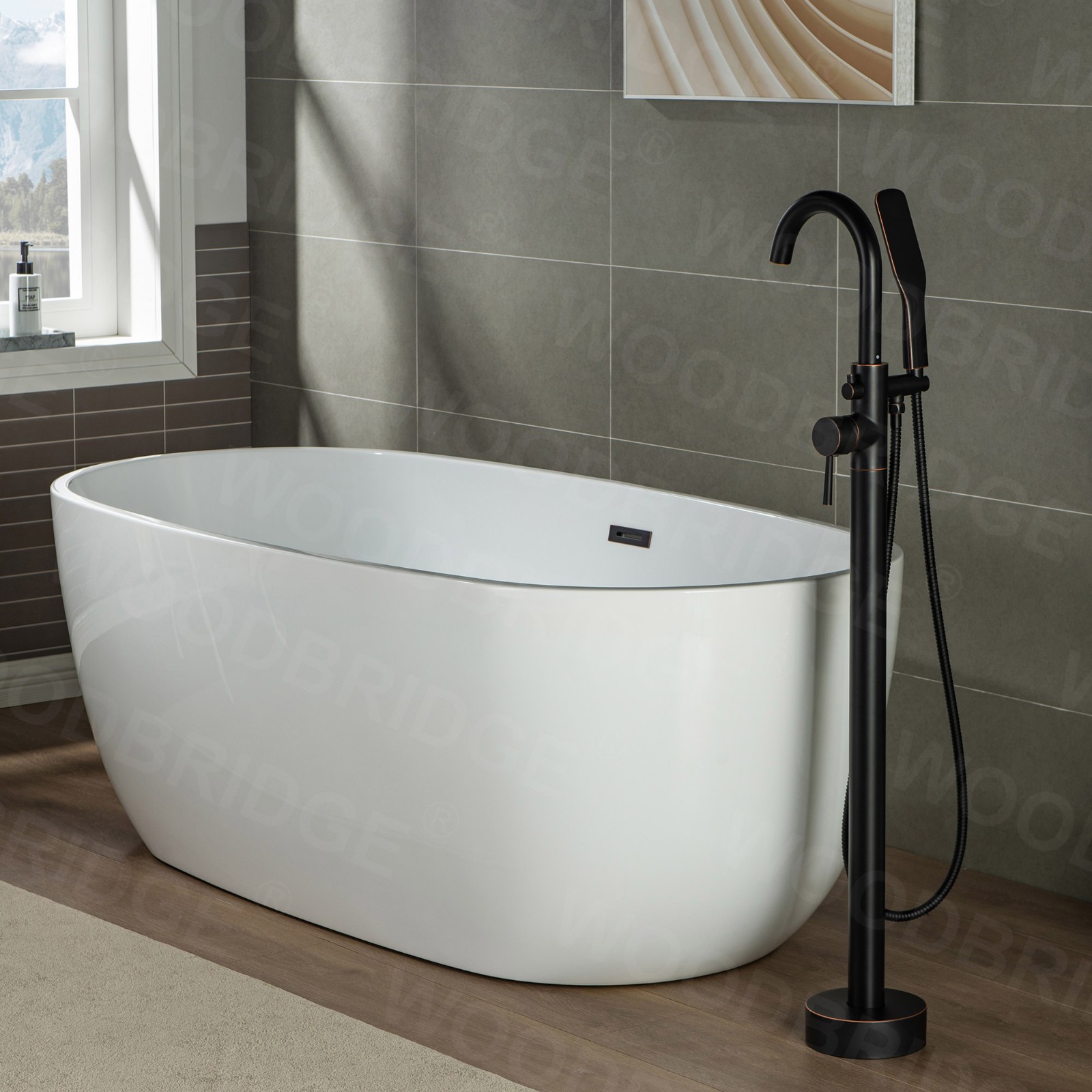  WOODBRIDGE Contemporary Single Handle Floor Mount Freestanding Tub Filler Faucet with Hand Shower in (Oil Rubbed Bronze) Finish,F0010ORBSQ_6033