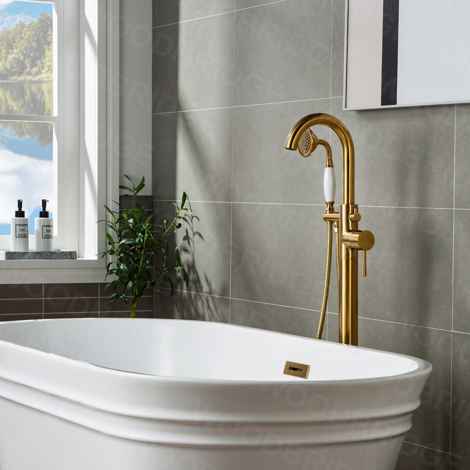  WOODBRIDGE F0007BGVT Fusion Single Handle Floor Mount Freestanding Tub Filler Faucet with Telephone Hand shower in Brushed Gold Finish._6121