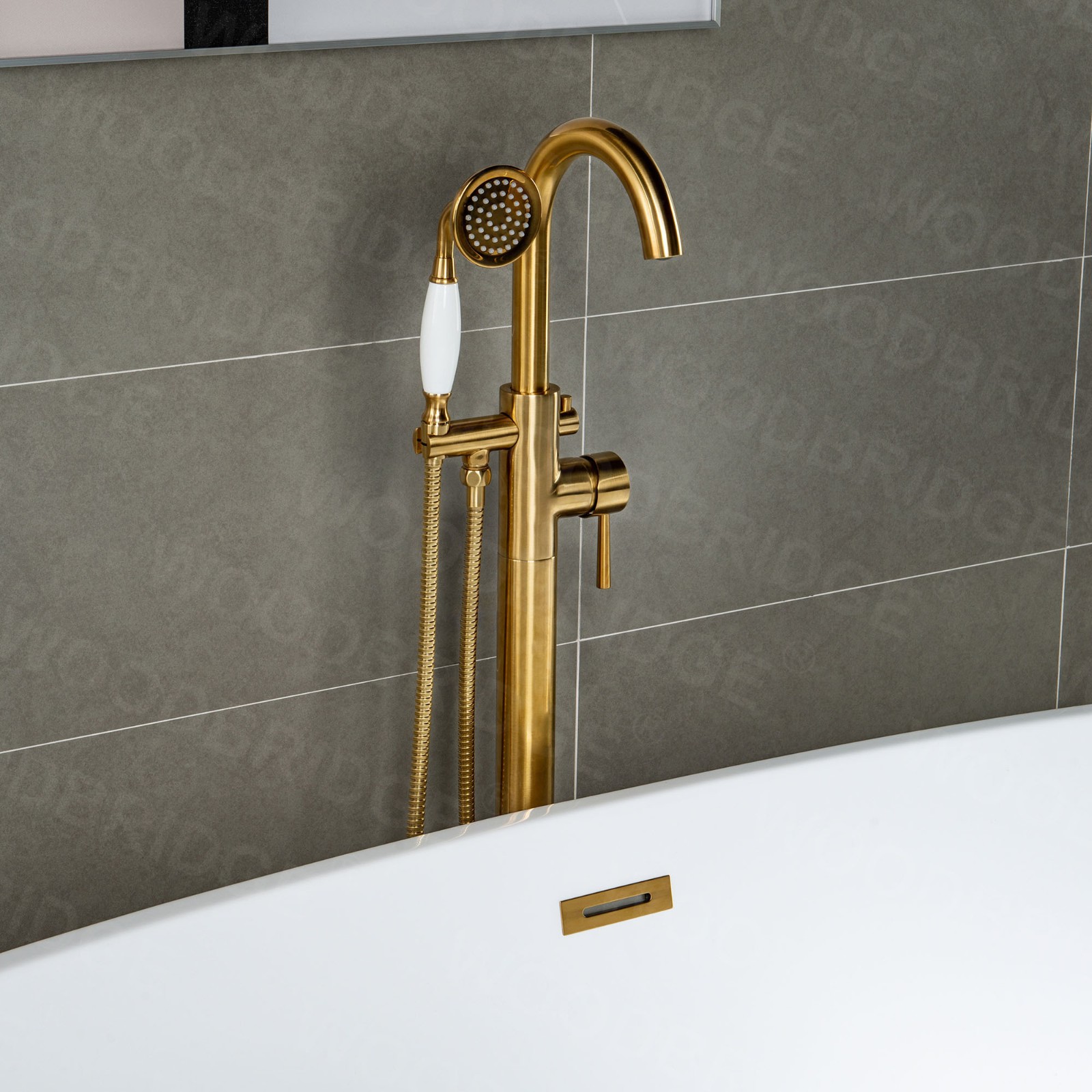  WOODBRIDGE F0007BGVT Fusion Single Handle Floor Mount Freestanding Tub Filler Faucet with Telephone Hand shower in Brushed Gold Finish._6124