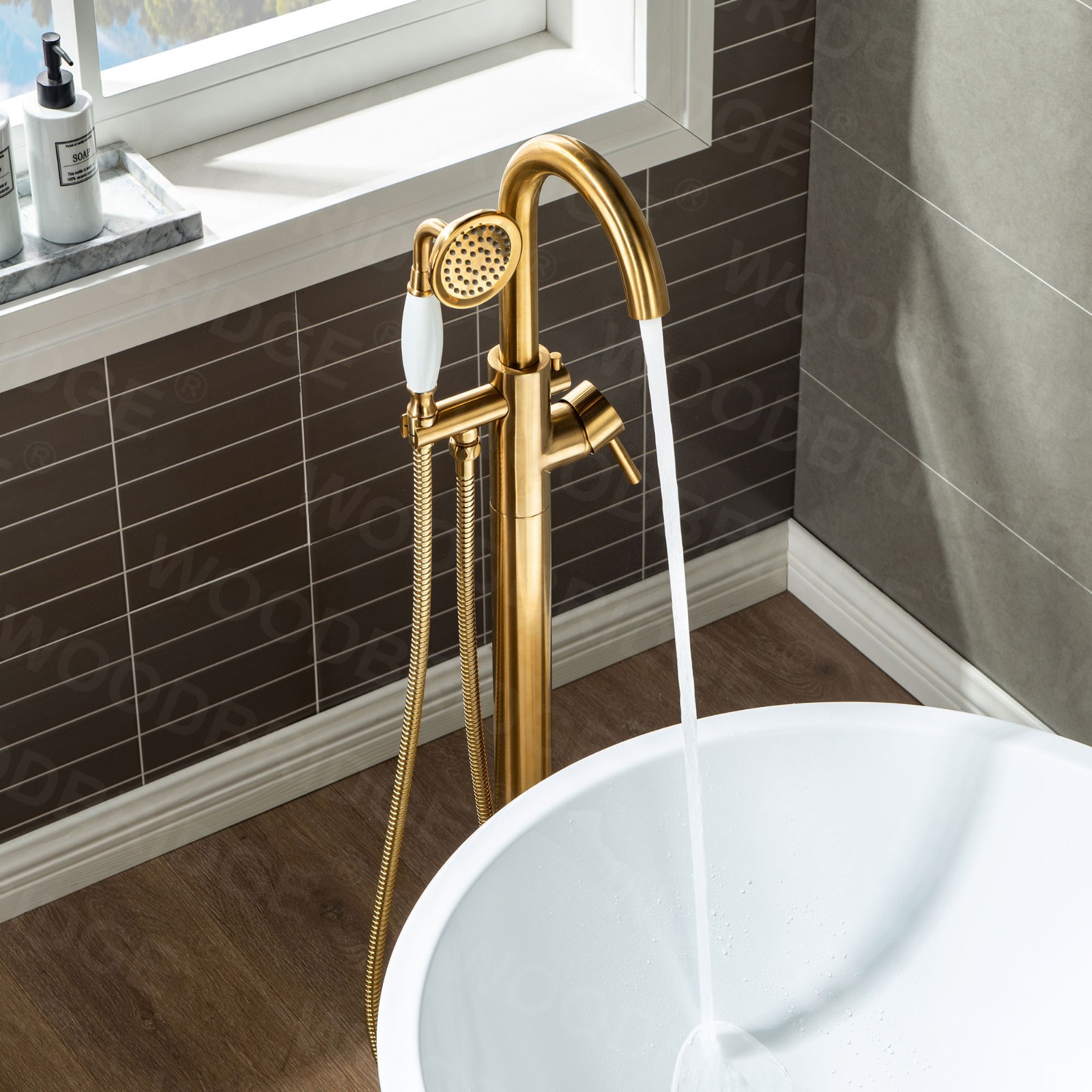  WOODBRIDGE F0007BGVT Fusion Single Handle Floor Mount Freestanding Tub Filler Faucet with Telephone Hand shower in Brushed Gold Finish._6131