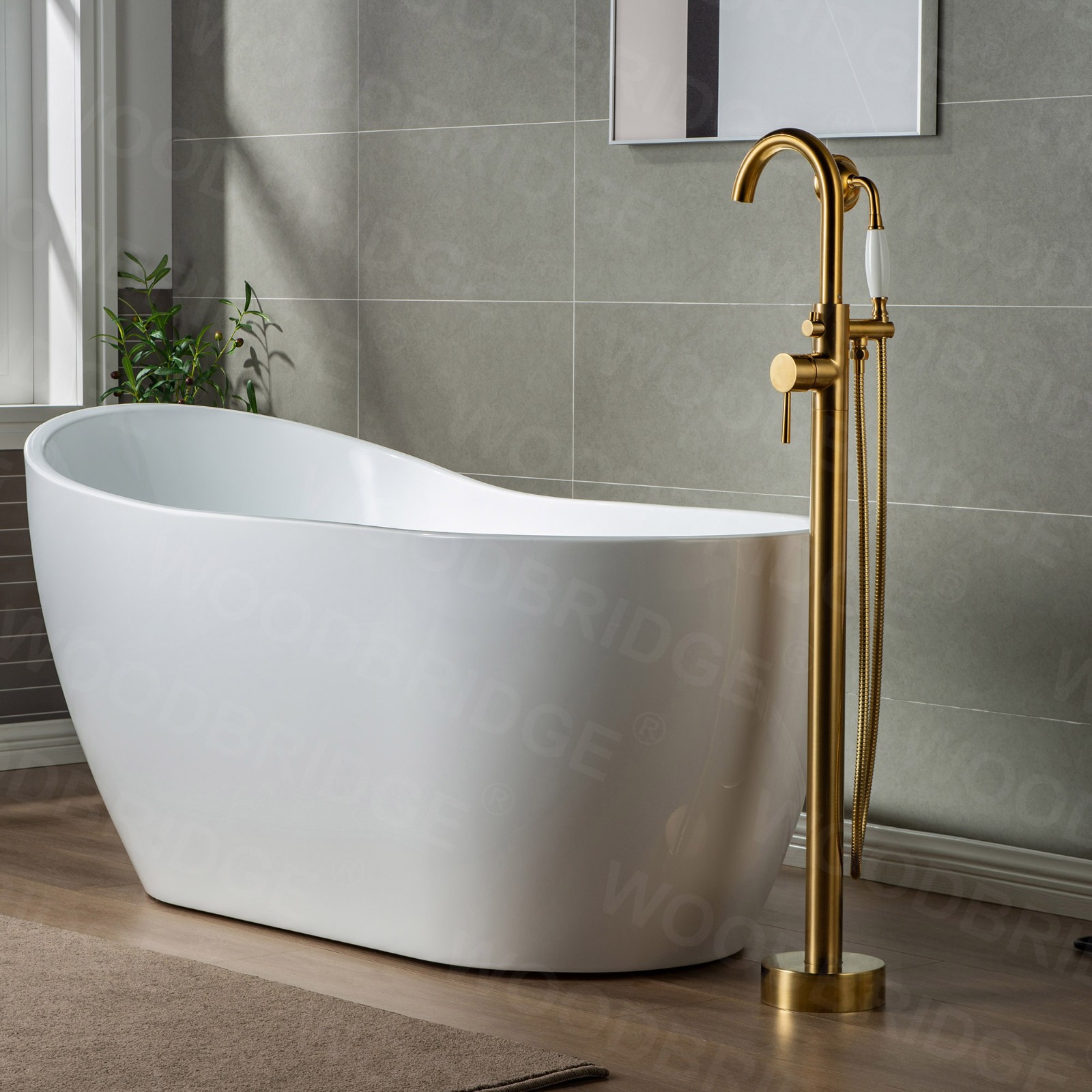  WOODBRIDGE F0007BGVT Fusion Single Handle Floor Mount Freestanding Tub Filler Faucet with Telephone Hand shower in Brushed Gold Finish._6132