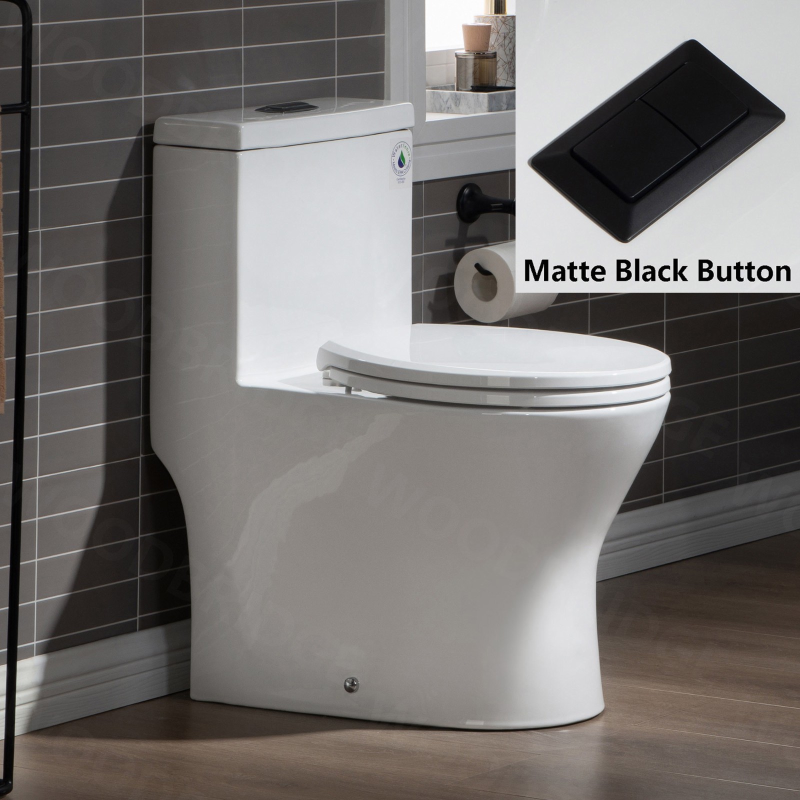  WOODBRIDGE One Piece Short Compact Bathroom Tiny Mini Commode Water Closet Dual Flush Concealed Trapway, Matte Black Button B0500-MB, White_7611