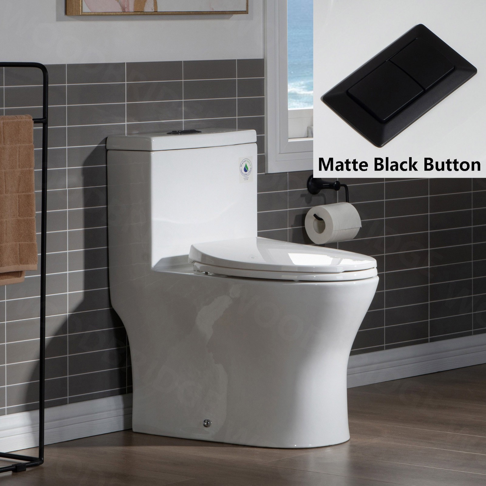  WOODBRIDGE Modern One Piece Dual Flush 1.28 GP Toilet,with Soft Closing Seat, Matte Black Button B0750-MB, White_7627