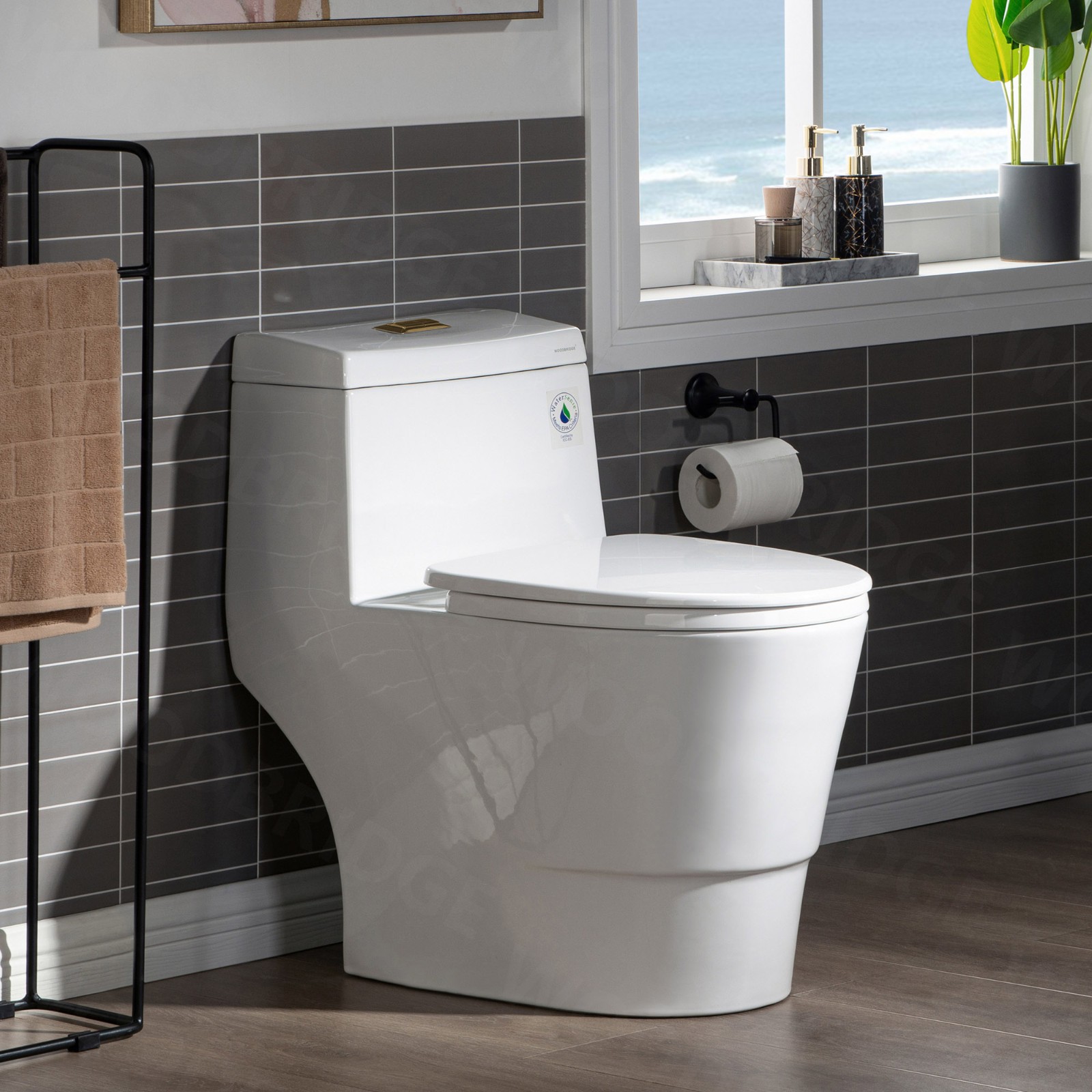  WOODBRIDGEE One Piece Toilet with Soft Closing Seat, Chair Height, 1.28 GPF Dual, Water Sensed, 1000 Gram MaP Flushing Score Toilet with Brushed Gold Button T0001-BG, White_5722