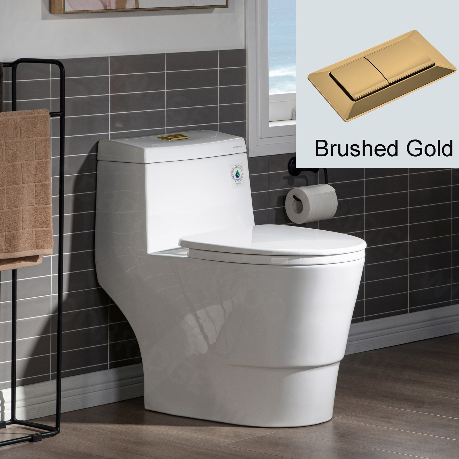  WOODBRIDGEE One Piece Toilet with Soft Closing Seat, Chair Height, 1.28 GPF Dual, Water Sensed, 1000 Gram MaP Flushing Score Toilet with Brushed Gold Button T0001-BG, White_5707