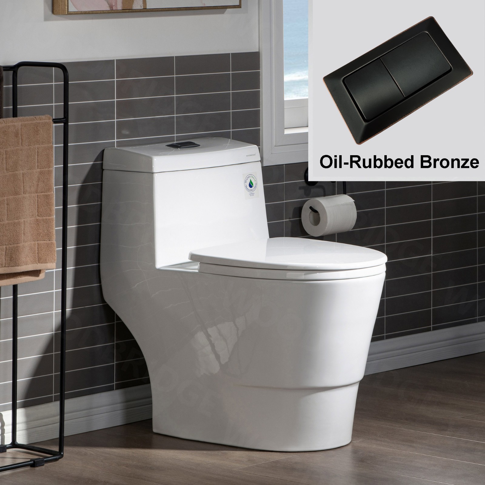  WOODBRIDGEE One Piece Toilet with Soft Closing Seat, Chair Height, 1.28 GPF Dual, Water Sensed, 1000 Gram MaP Flushing Score Toilet with Oil Rubbed Bronze Button T0001-ORB, White_5693