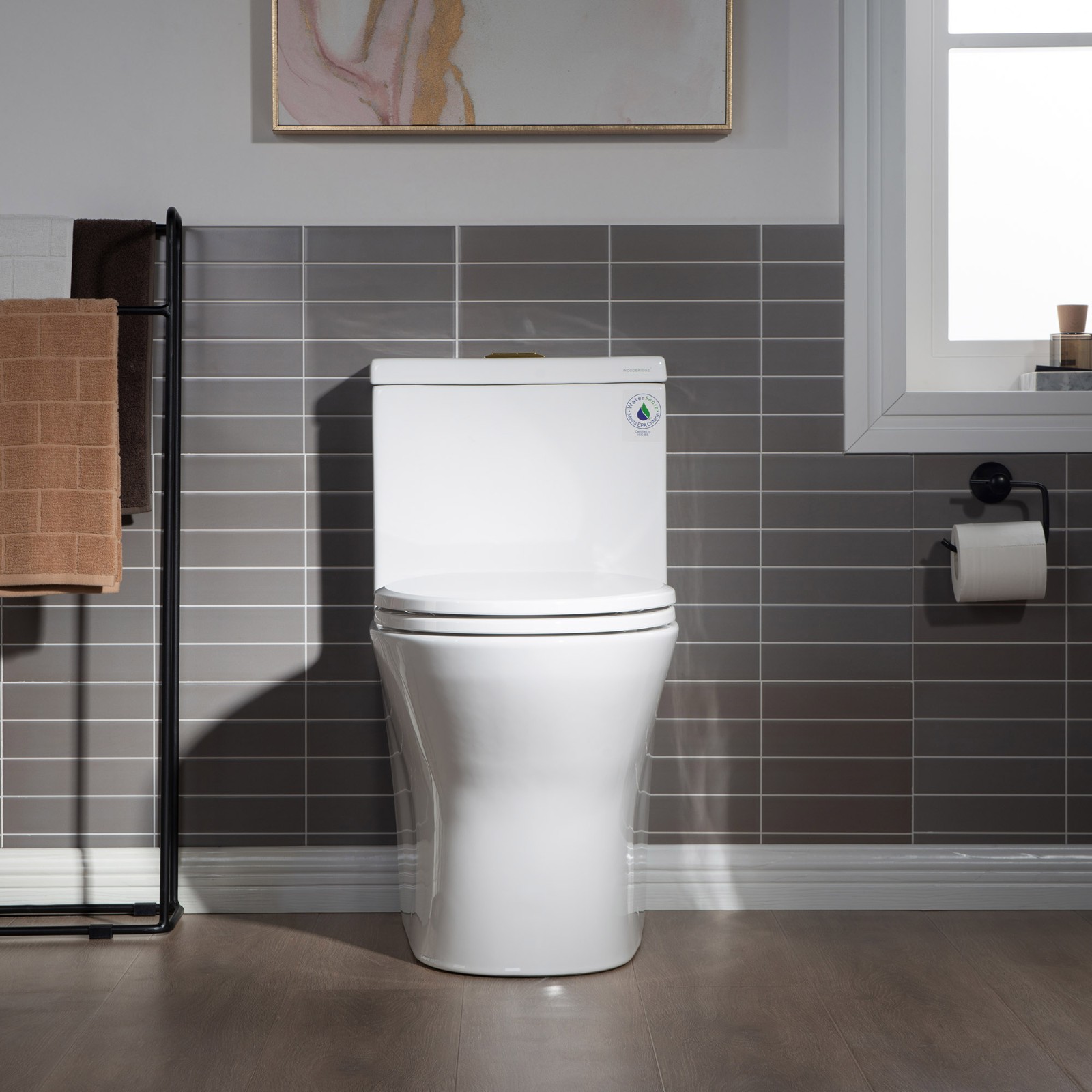  WOODBRIDGE One Piece Short Compact Bathroom Tiny Mini Commode Water Closet Dual Flush Concealed Trapway, Brushed Gold Button B0500-BG, White_5660