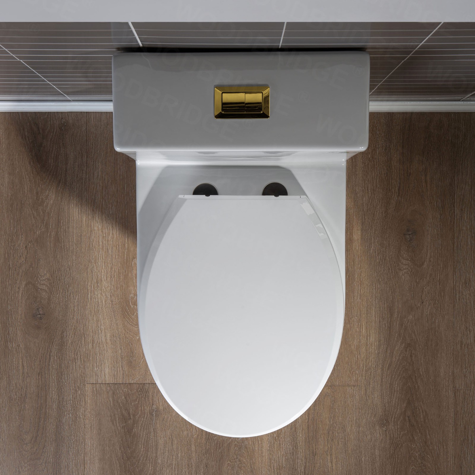  WOODBRIDGE One Piece Short Compact Bathroom Tiny Mini Commode Water Closet Dual Flush Concealed Trapway, Brushed Gold Button B0500-BG, White_5662