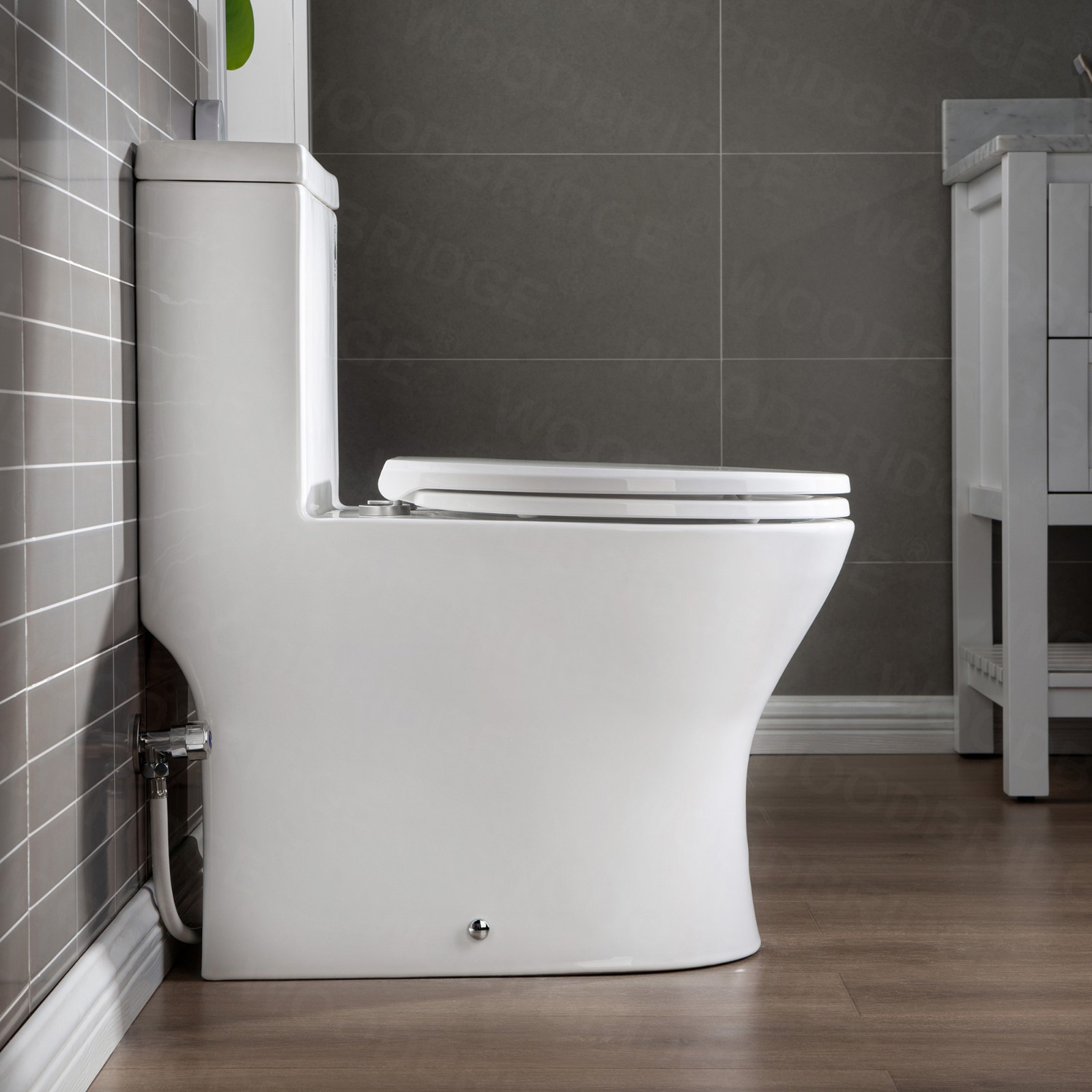  WOODBRIDGE One Piece Short Compact Bathroom Tiny Mini Commode Water Closet Dual Flush Concealed Trapway, Brushed Gold Button B0500-BG, White_5670