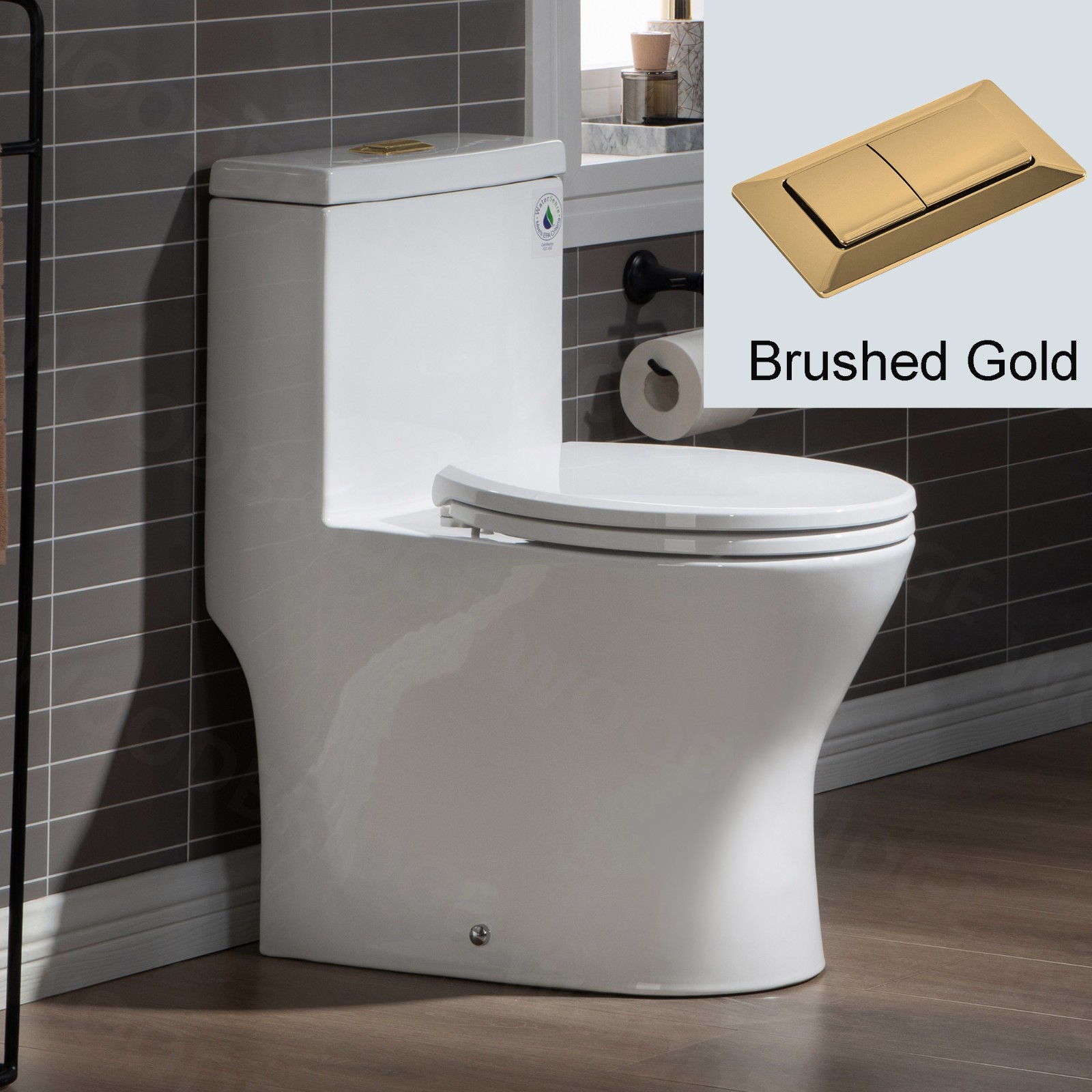  WOODBRIDGE One Piece Short Compact Bathroom Tiny Mini Commode Water Closet Dual Flush Concealed Trapway, Brushed Gold Button B0500-BG, White_5659