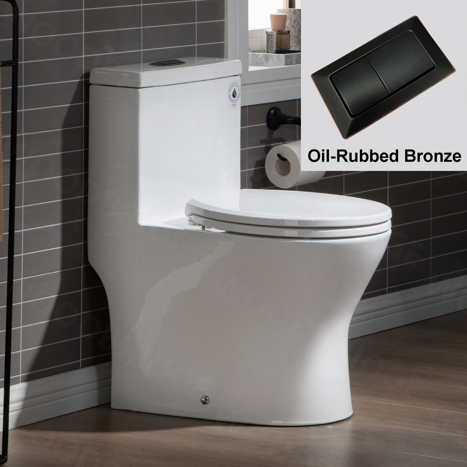  WOODBRIDGE One Piece Short Compact Bathroom Tiny Mini Commode Water Closet Dual Flush Concealed Trapway, Oil Rubbed Bronze Button B0500-ORB, White_5643