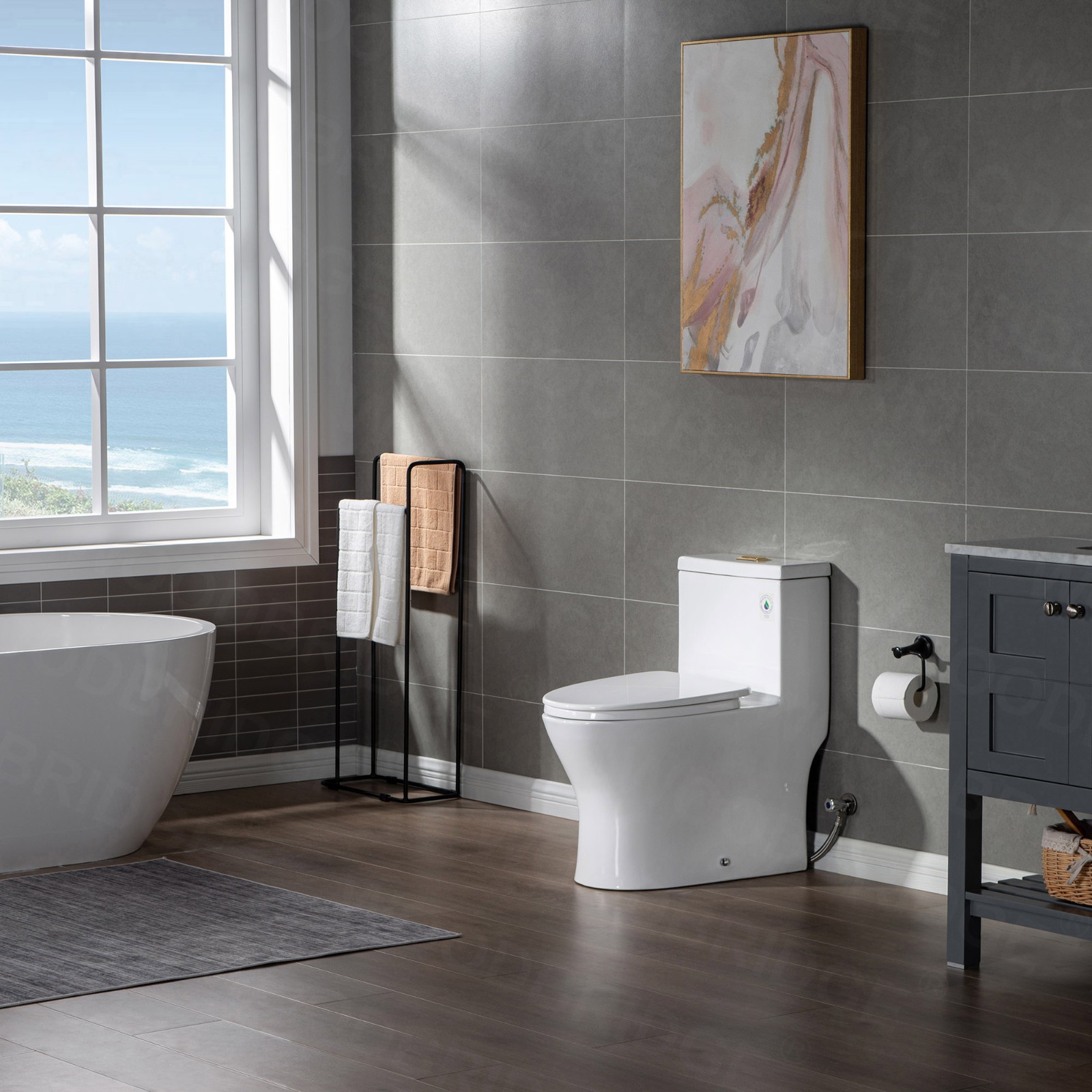  WOODBRIDGE Modern One Piece Dual Flush 1.28 GP Toilet,with Soft Closing Seat, Brushed Gold Button B0750-BG, White_5617