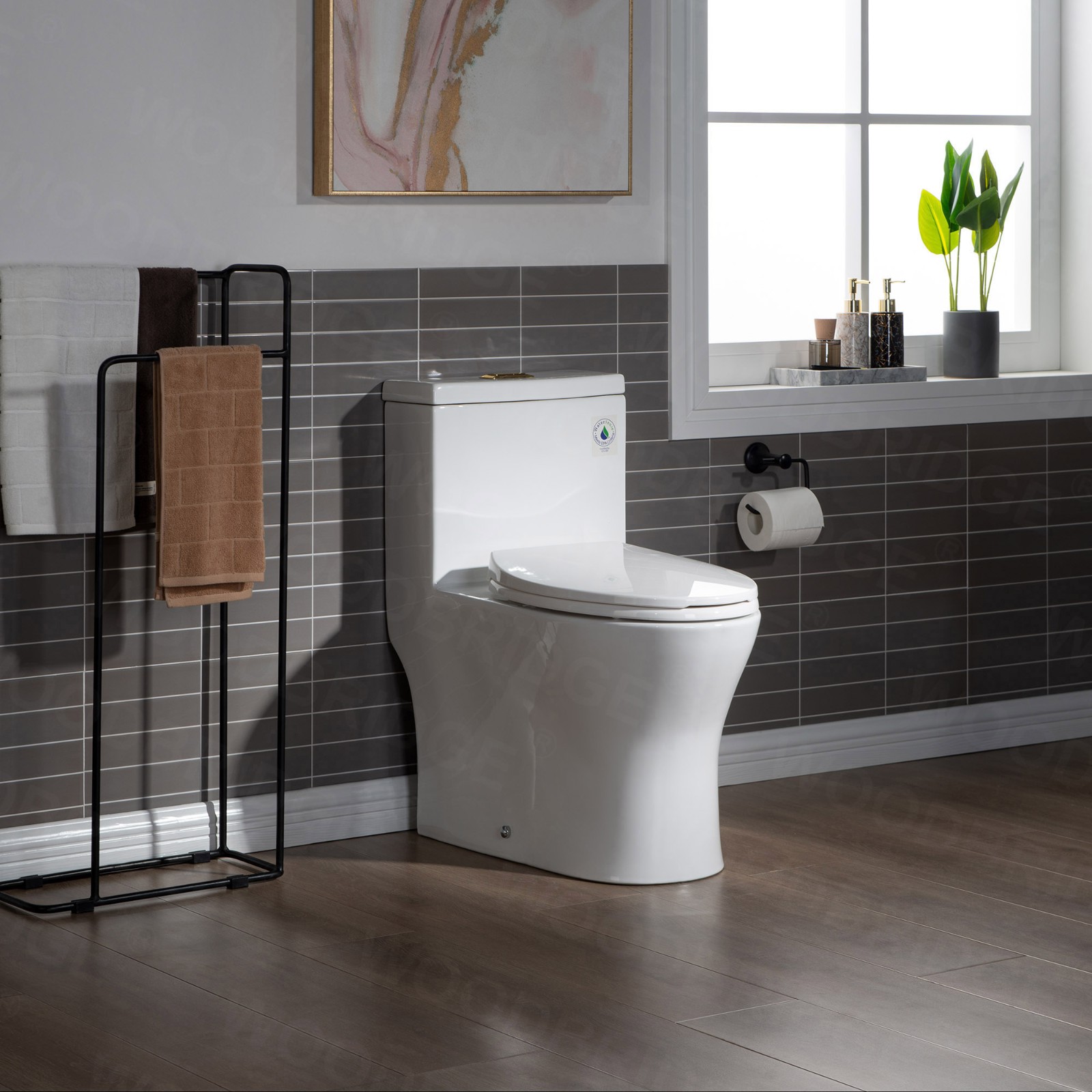  WOODBRIDGE Modern One Piece Dual Flush 1.28 GP Toilet,with Soft Closing Seat, Brushed Gold Button B0750-BG, White_5621